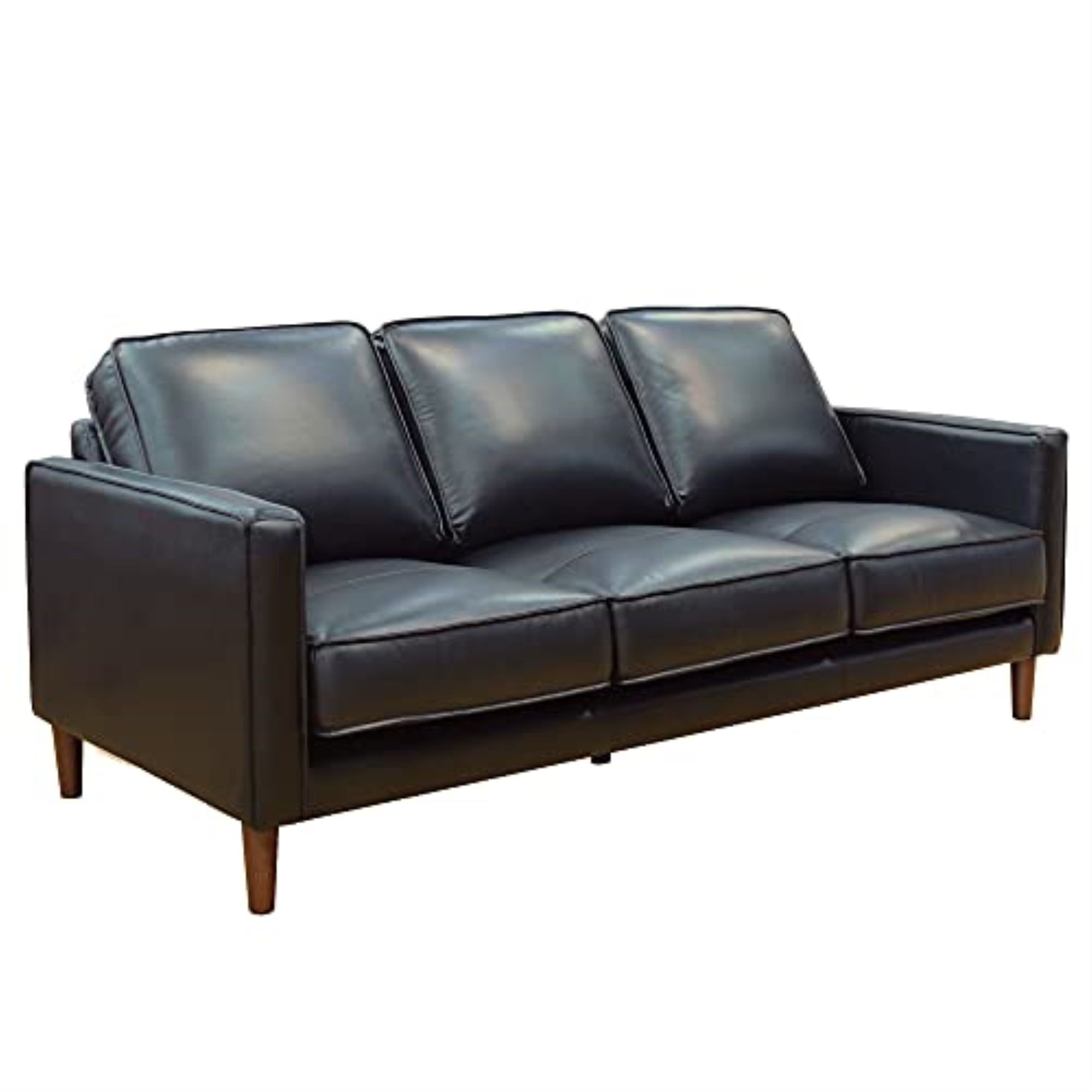 Mid-Century Modern Black Top-Grain Leather Sofa with Removable Cushions