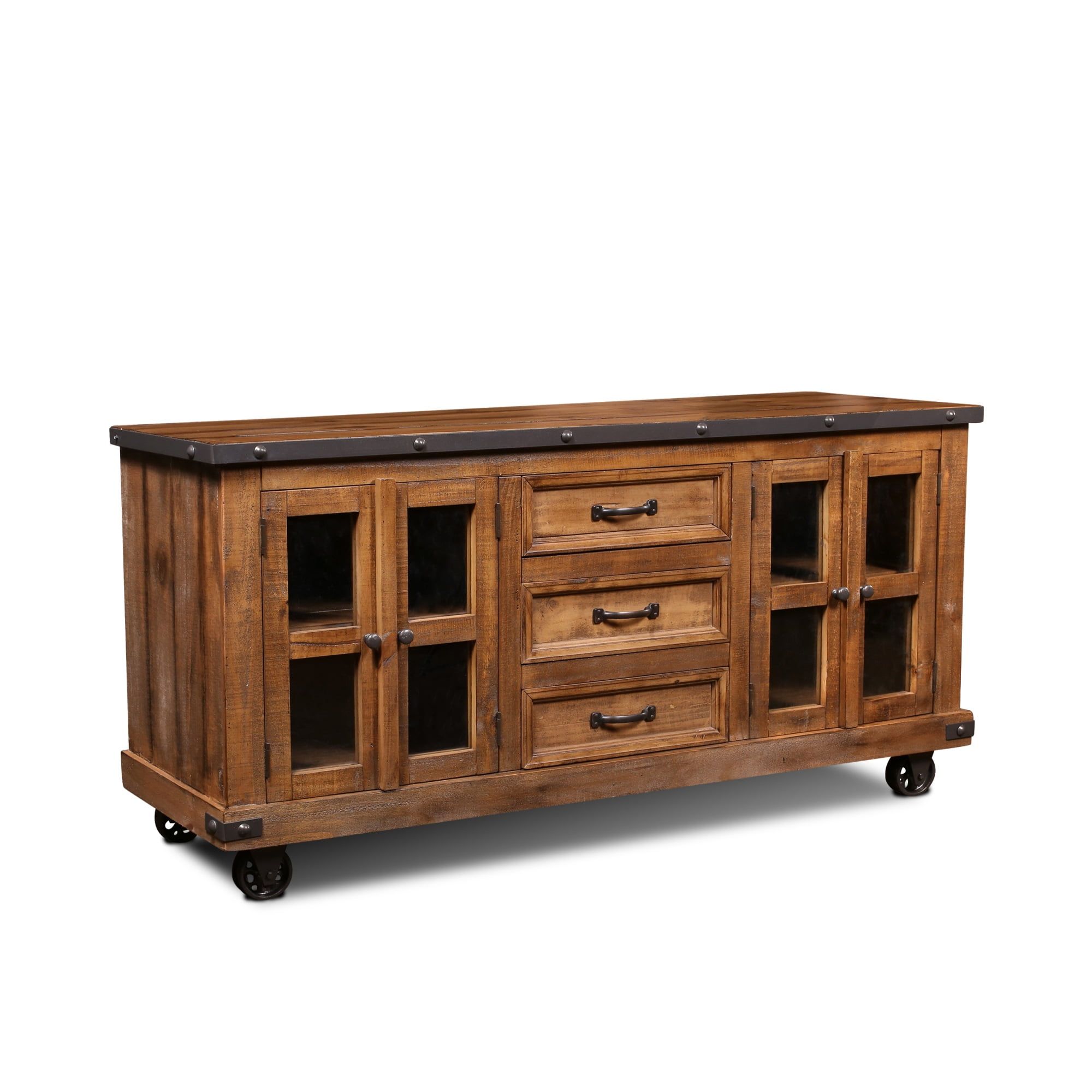 Rustic Farmhouse Mirrored Sideboard with Removable Casters