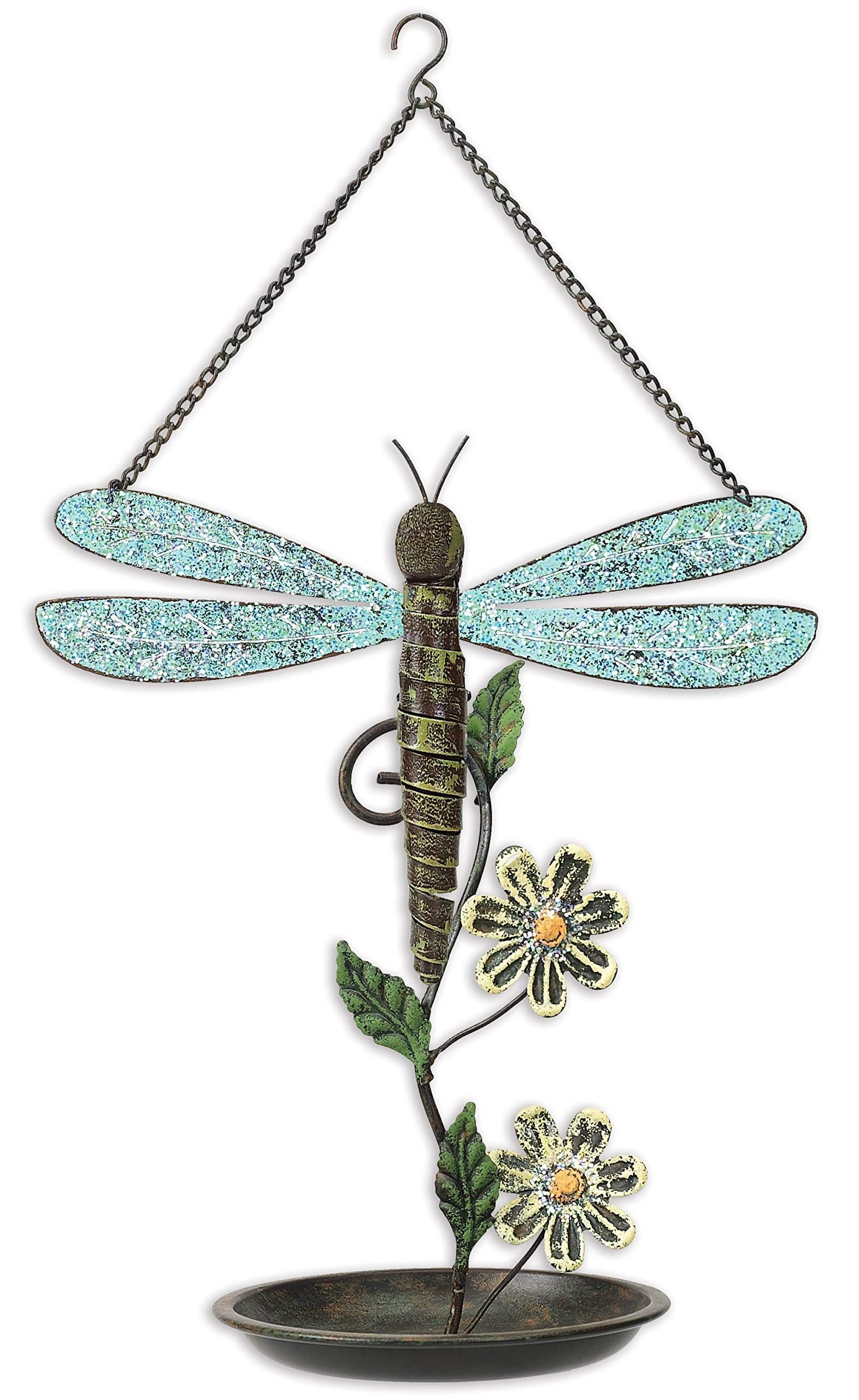 Dragonfly Hanging Metal and Glass Birdfeeder with Floral Accents