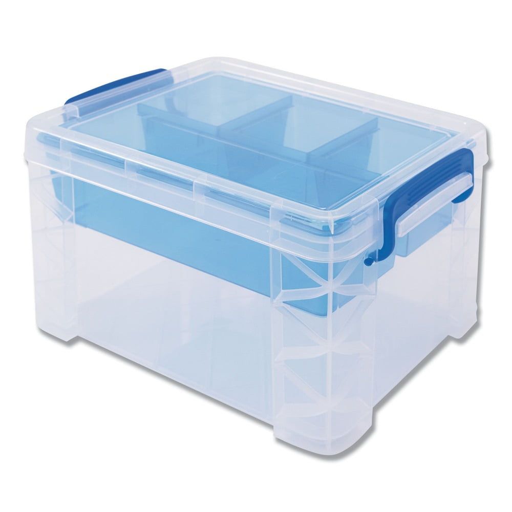 Clear and Blue Stackable Plastic Lidded Storage Box with Dividers