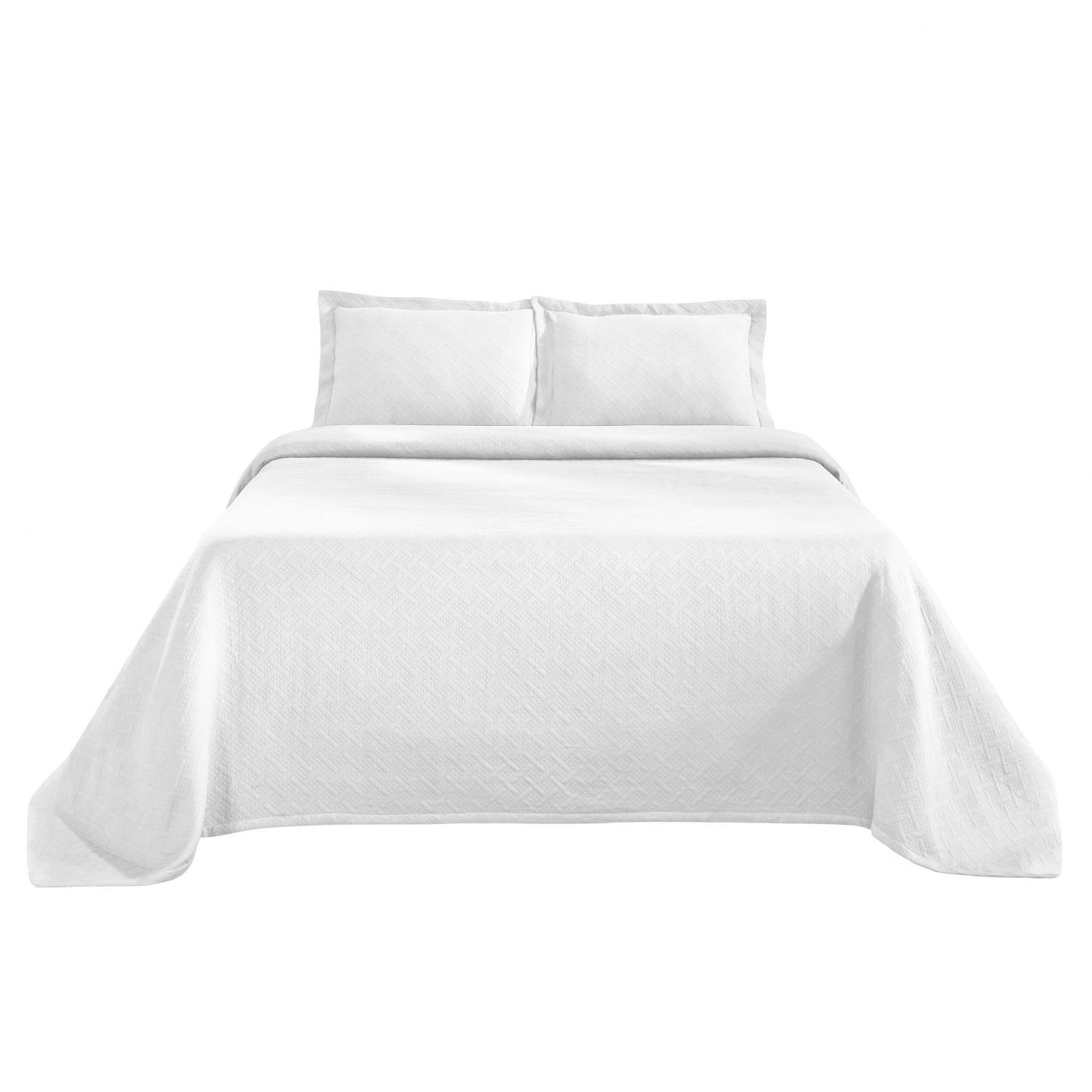 Elegant Full-Sized White Cotton Basket Weave 3-Piece Bedspread Set