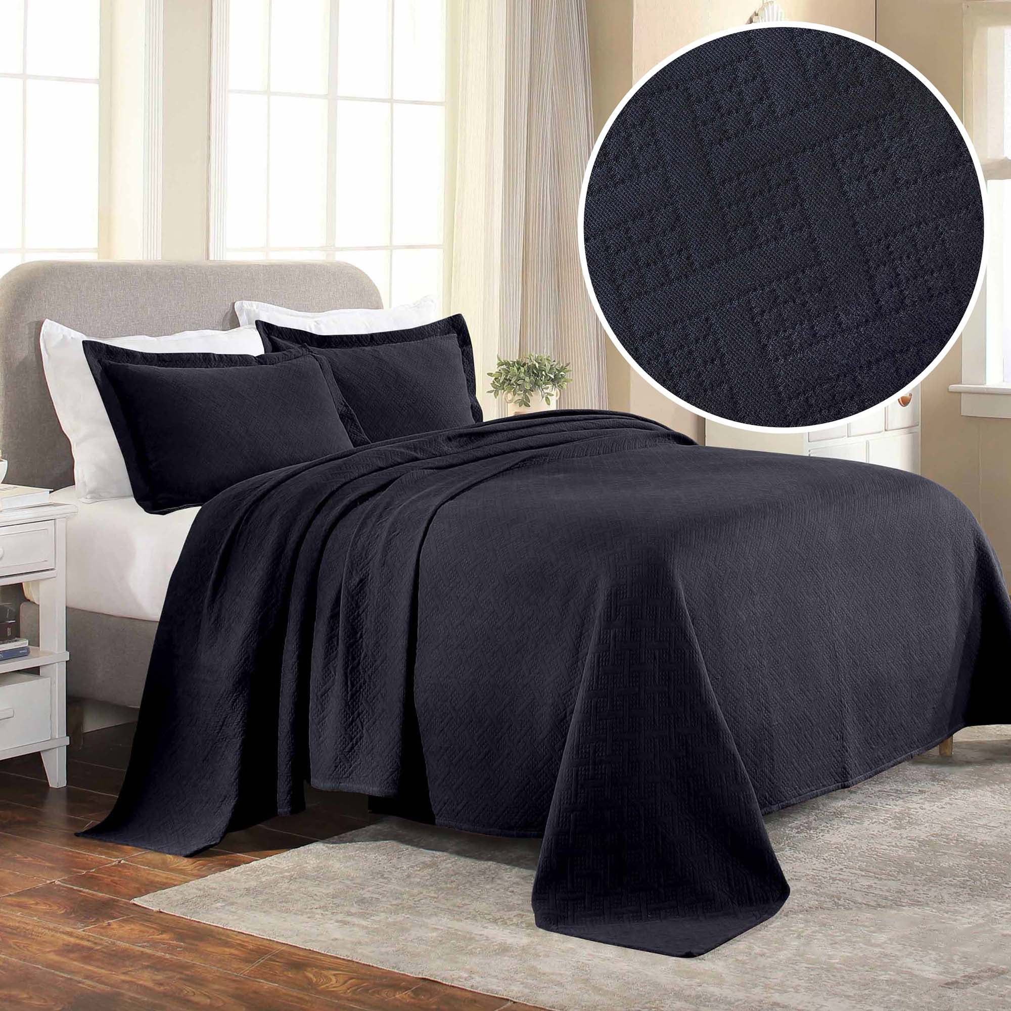 Elegant Navy Blue Cotton Basketweave Queen Bedspread Set