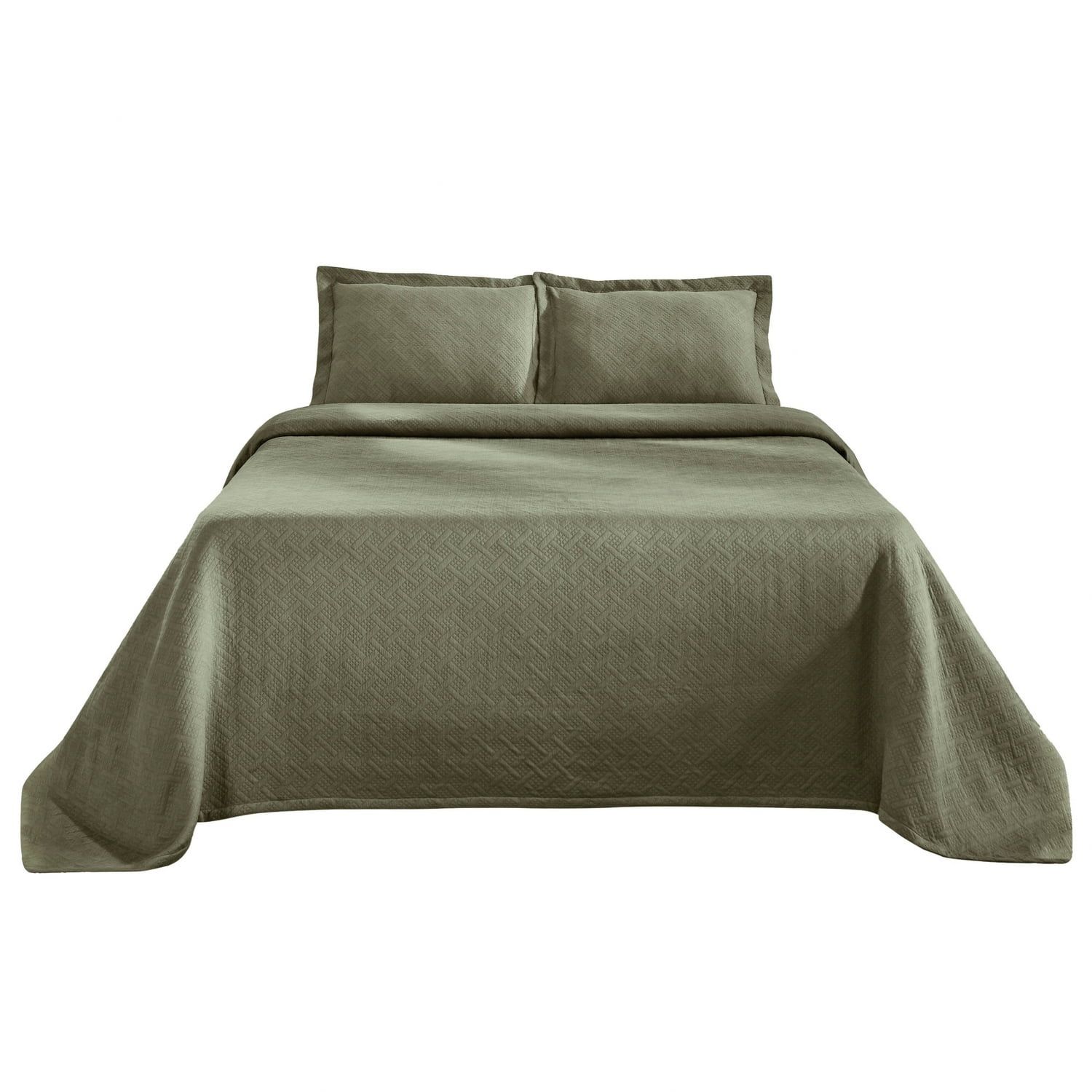 Elegant Sage Queen Cotton Bedspread Set with Basket Weave Pattern