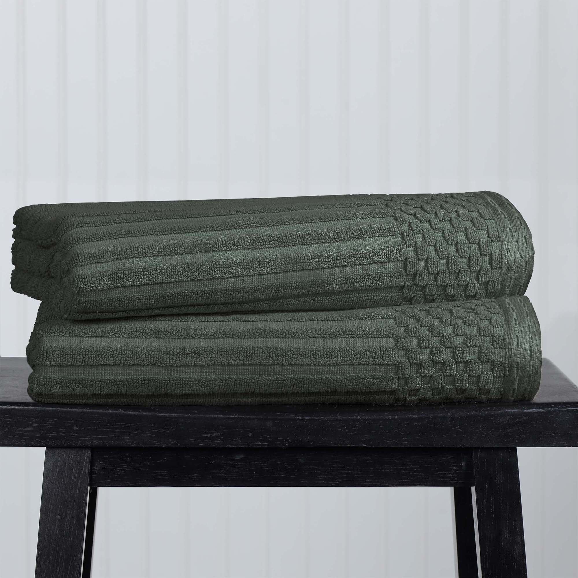 Pine Green Cotton Ribbed and Checkered Bath Towel Set