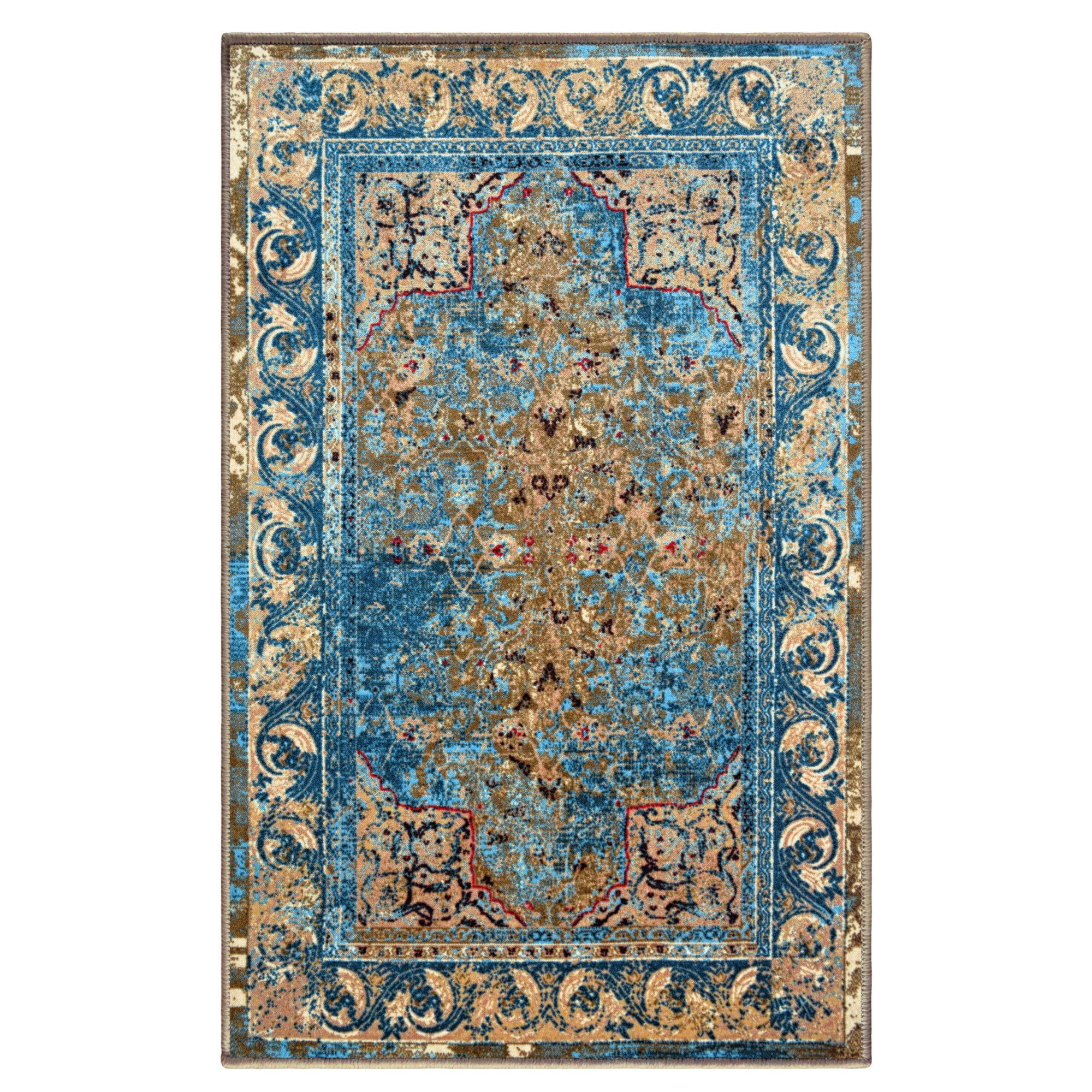 Blue and Beige Distressed Nylon Area Rug, 4' x 6'