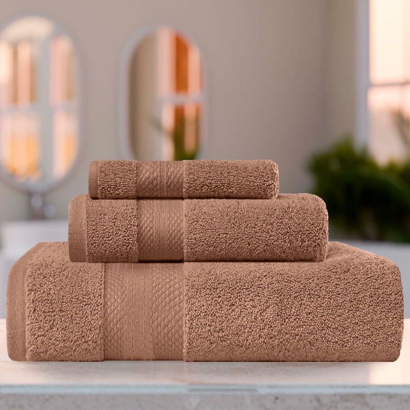Taupe Turkish Cotton 3-Piece Towel Set with Geometric Border