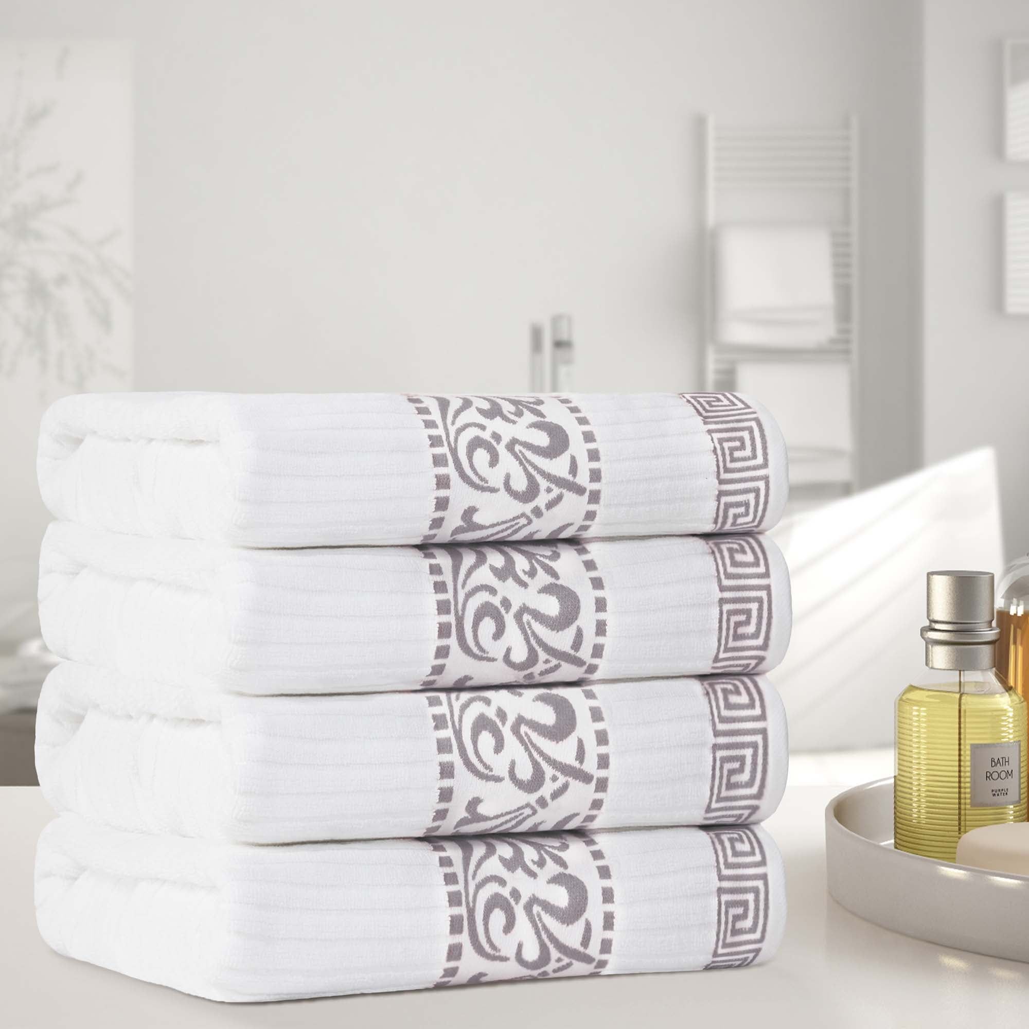 Superior Athens Cotton Greek Scroll Bath Towel Set of 4, White-Chrome