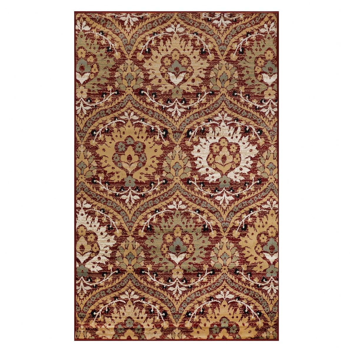 Elegant Floral Damask Red Synthetic Area Rug, 4' x 6'