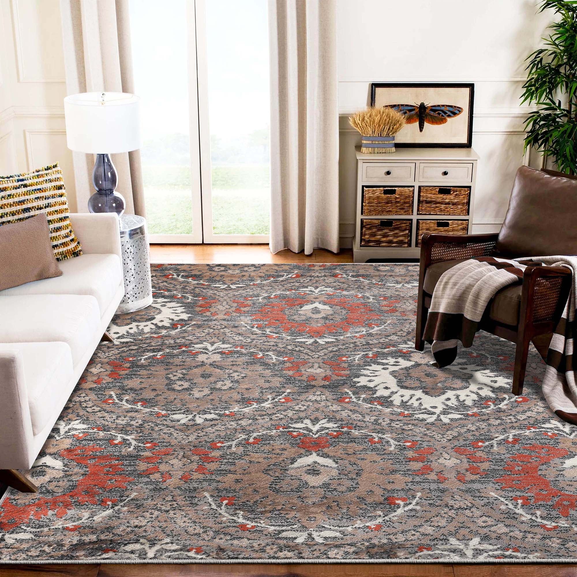 Augusta Rust 5' x 8' Floral Damask Non-Slip Area Rug