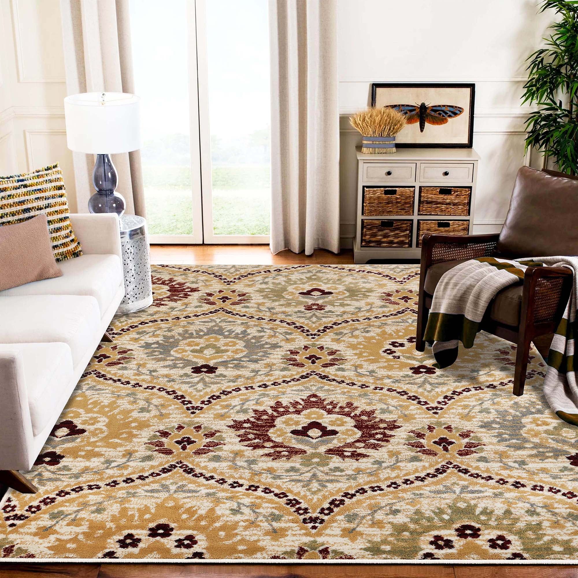 Camel Floral Polypropylene Medium Pile Area Rug 6' x 9'