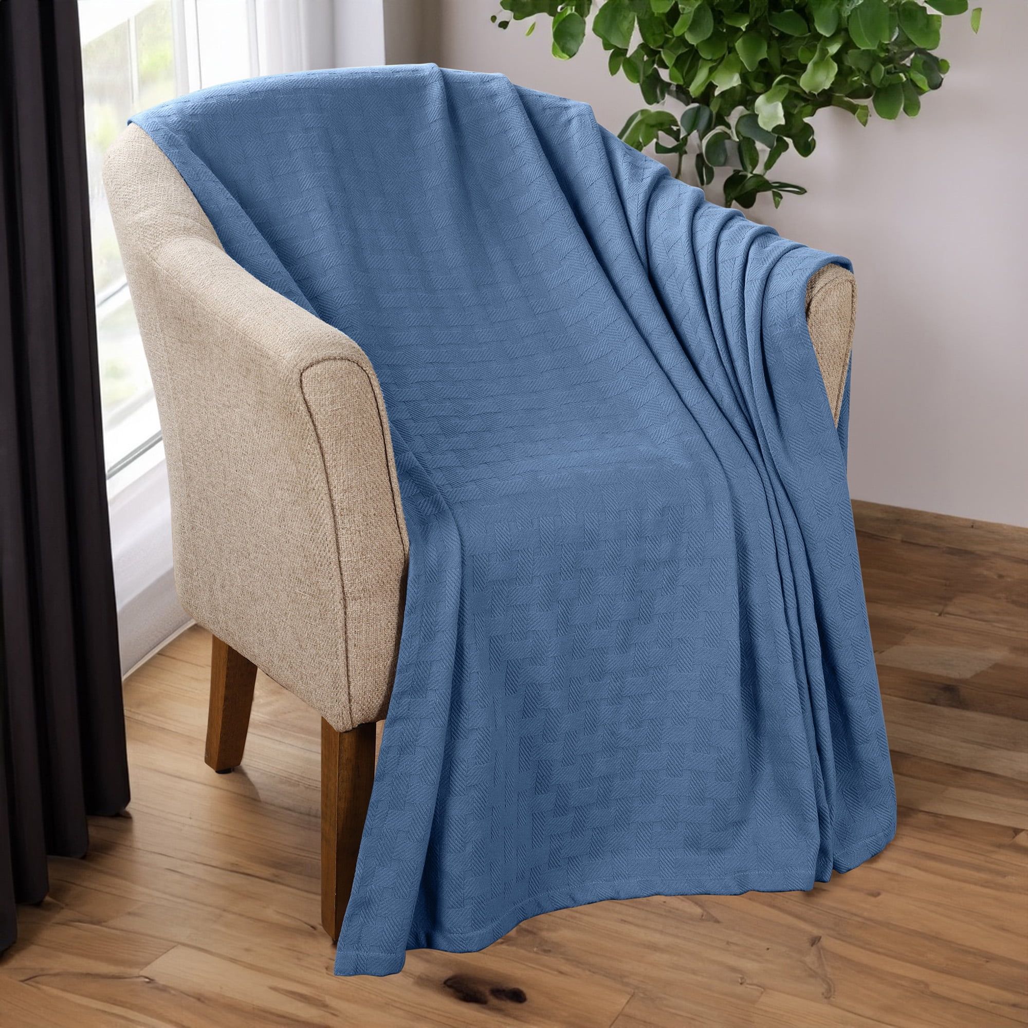 Denim Blue Basketweave Cotton Throw Blanket, 60x50 Inch