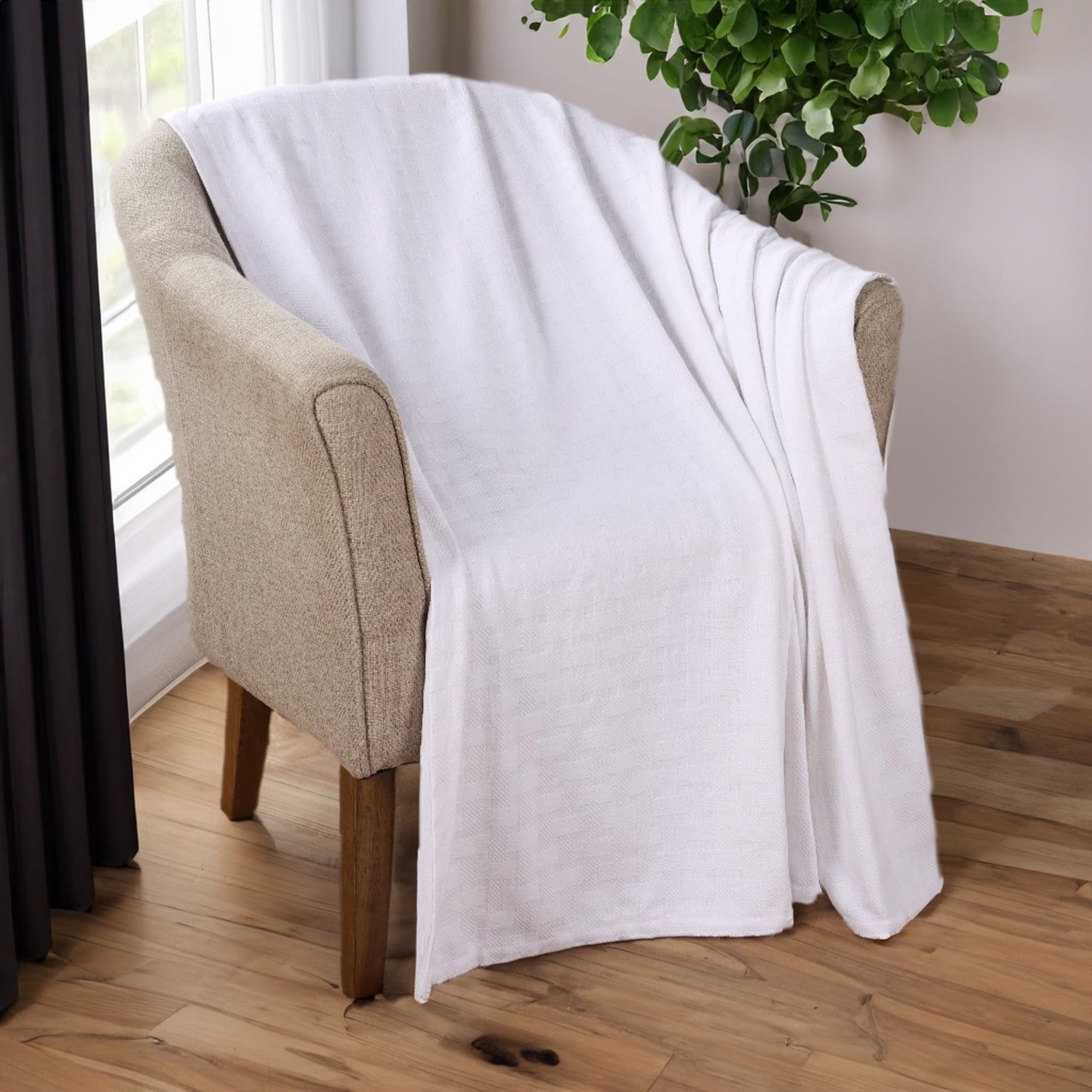 Elegant Basketweave Full-Size Cotton Throw Blanket - White