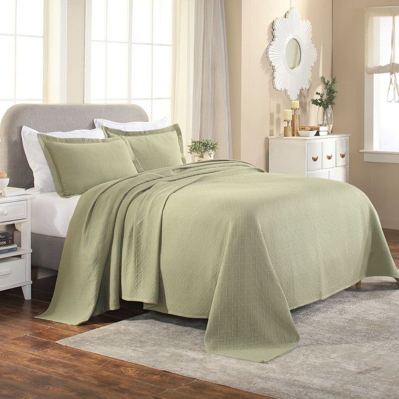 Sage Green King Cotton Basketweave Bedspread Set