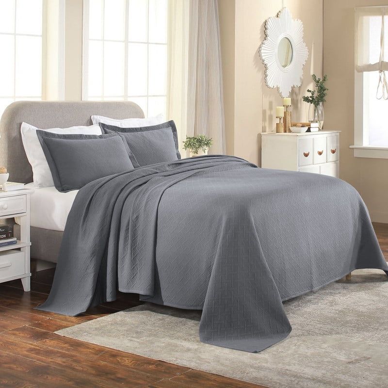 Gray Cotton Basketweave Queen Bedspread Set with Shams