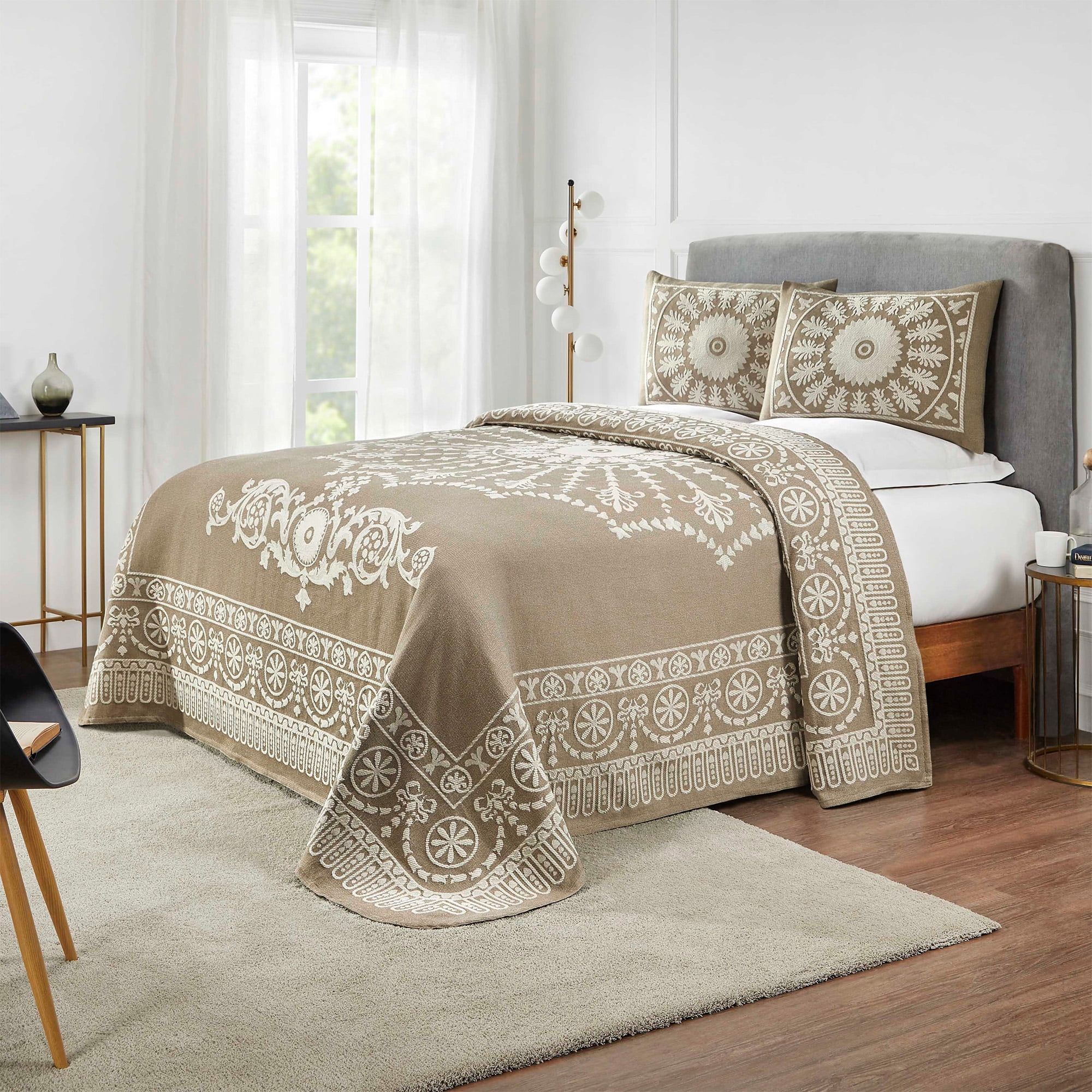 Taupe Cotton Blend Queen Bedspread Set with Medallion Design