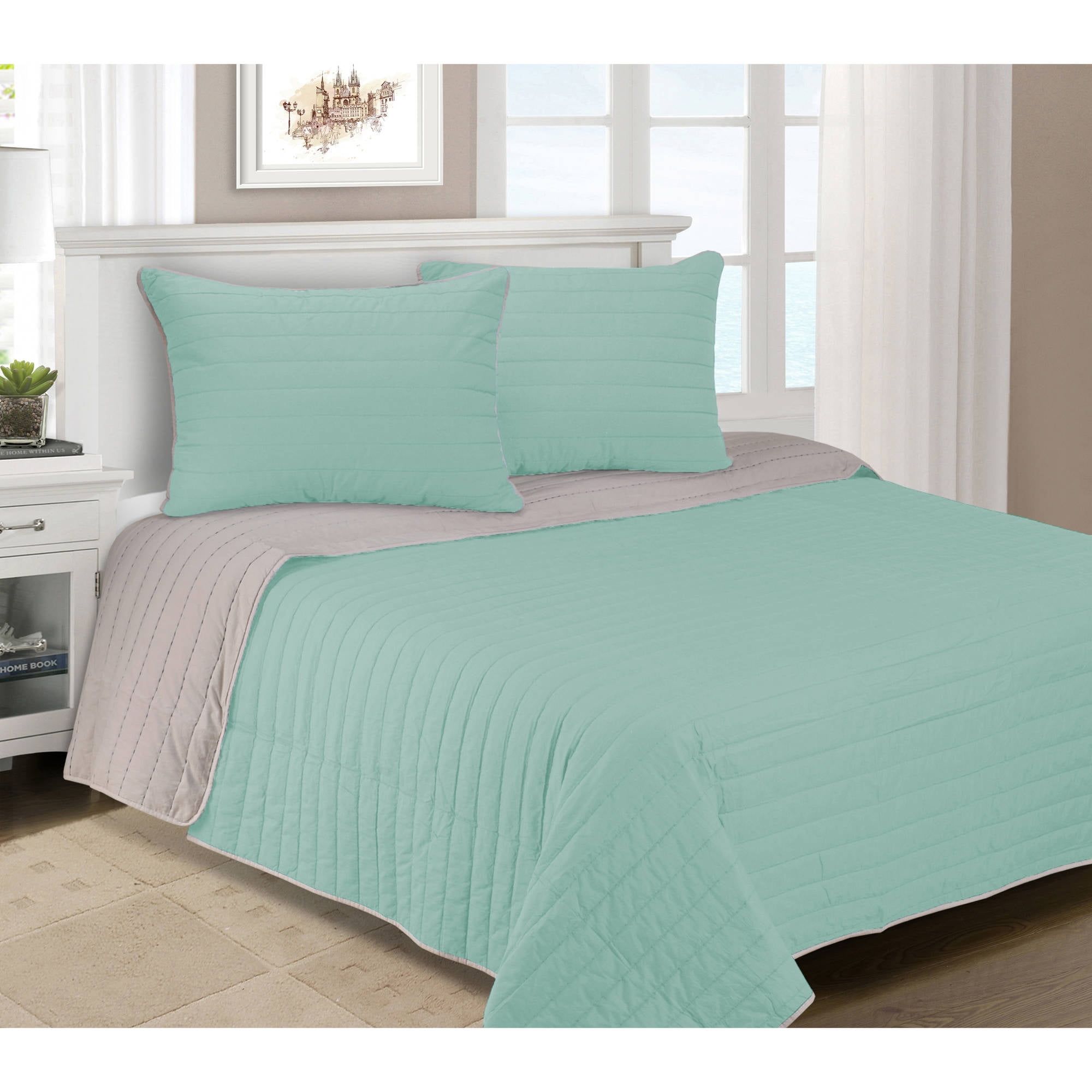 Full Blue Cotton Reversible Quilt Set