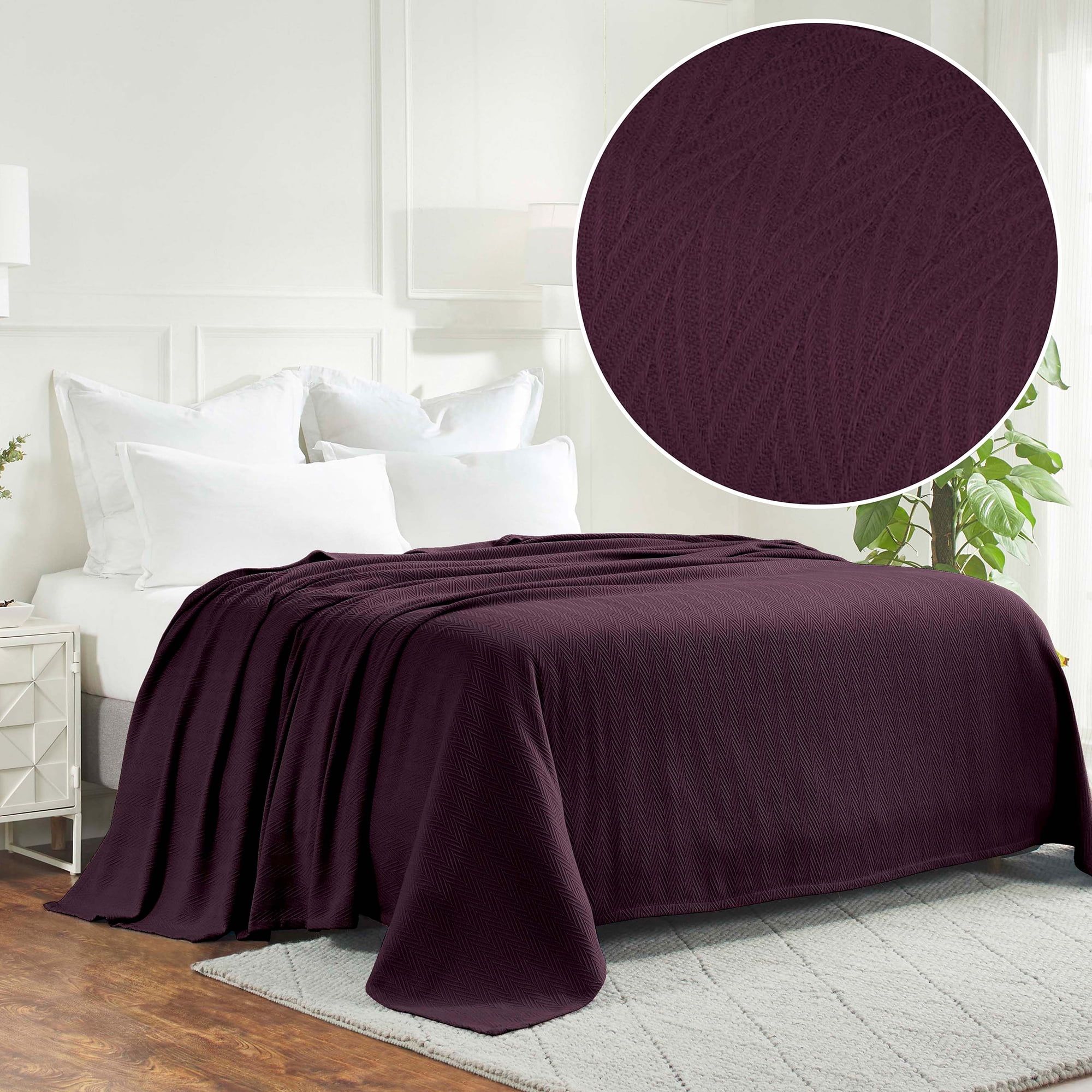 Plum Herringbone Weave Full/Queen Lightweight Cotton Blanket