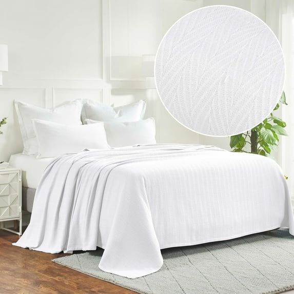 Cozy Herringbone Chevron Twin Cotton Knitted Throw - White