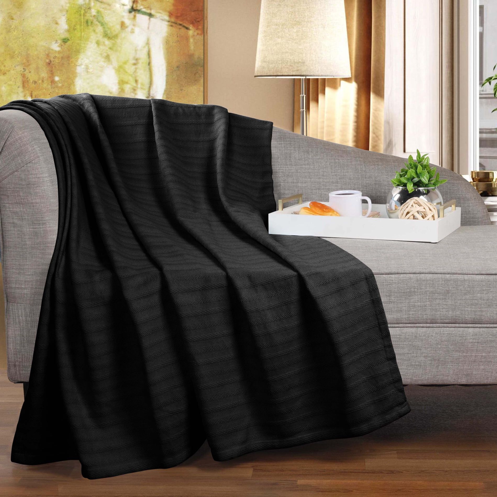 Black Cotton Striped Woven Throw Blanket