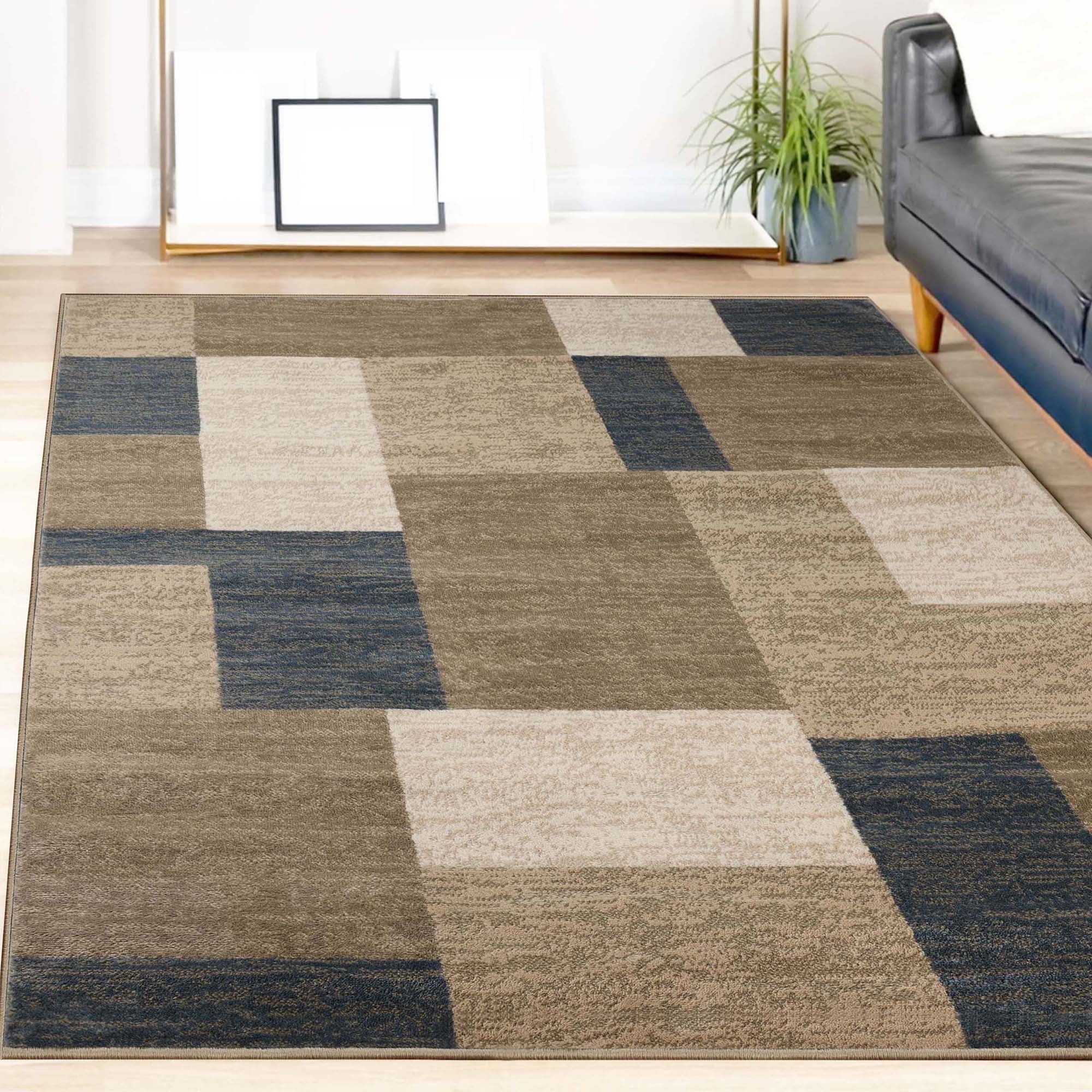 Beige and Blue Geometric Medium Pile Area Rug