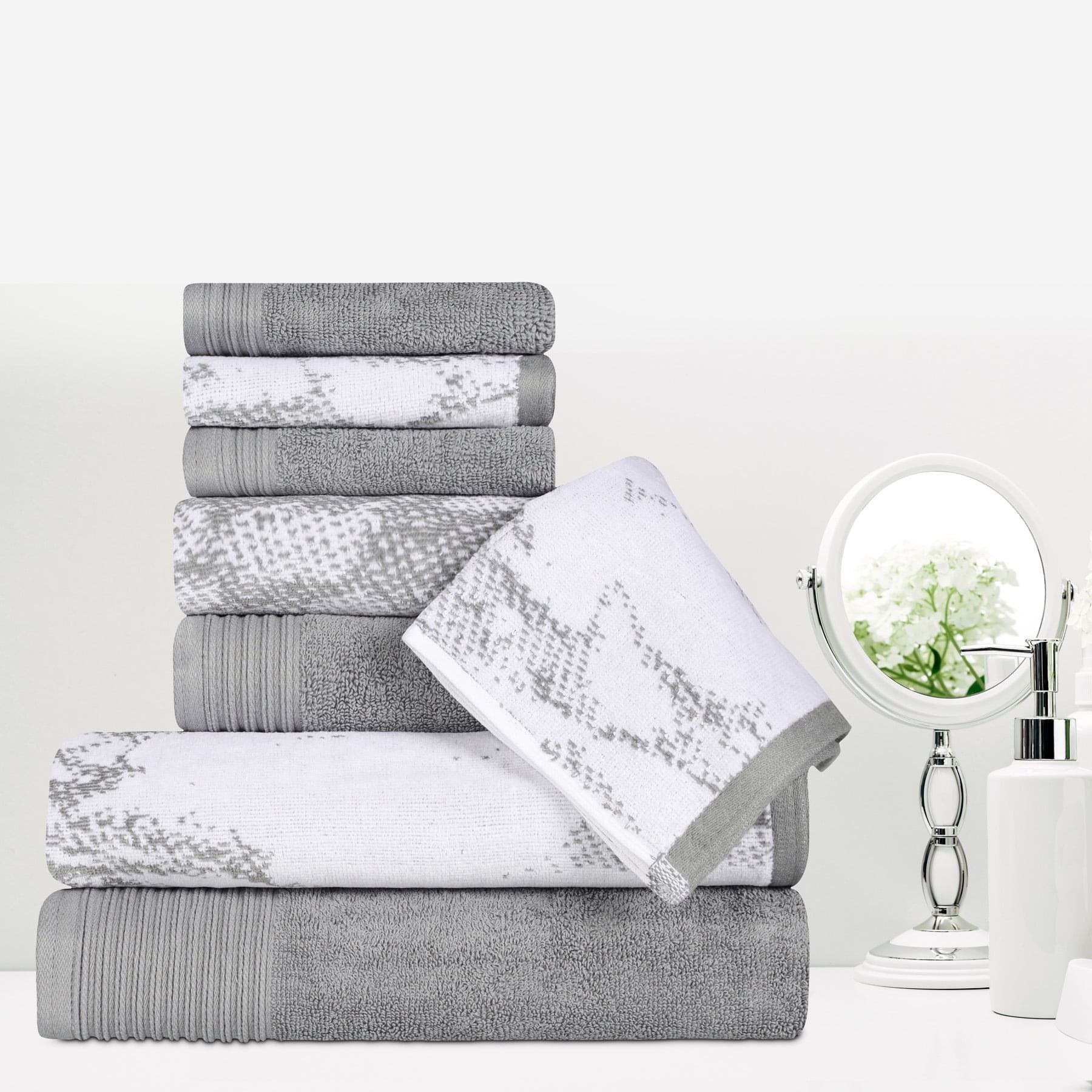 Superior Gray Cotton 8-Piece Solid and Marble Towel Set