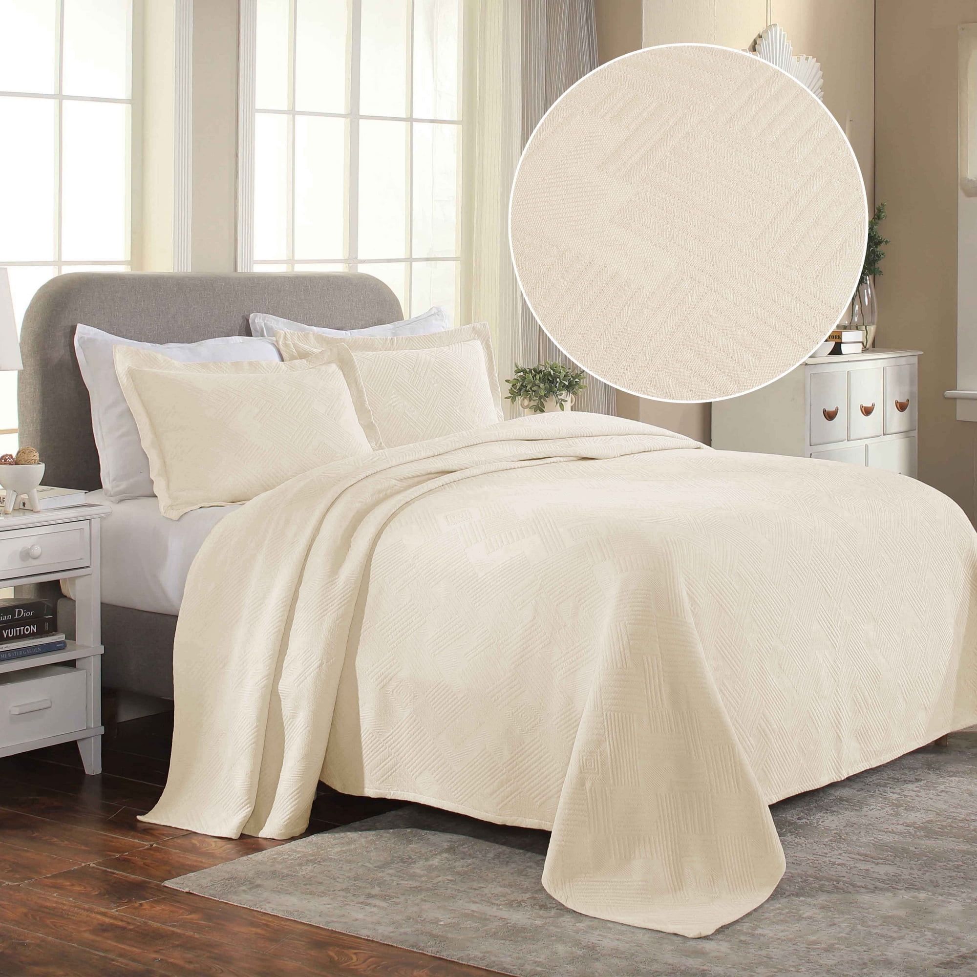 Ivory Twin Cotton Jacquard Matelasse Geometric Bedspread Set