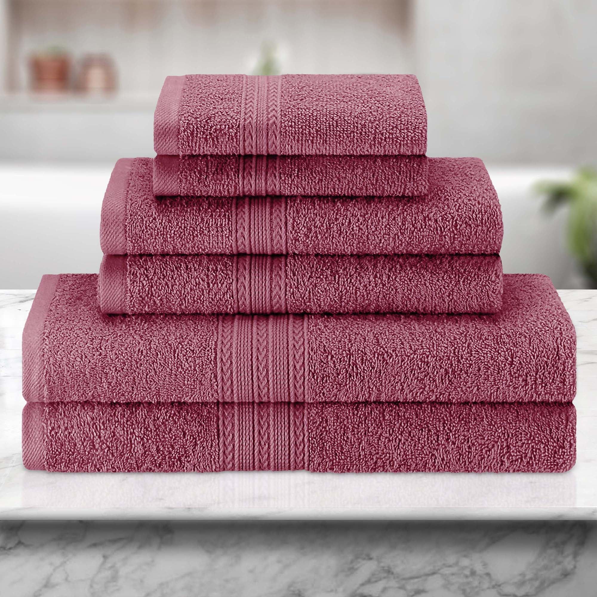 Rosewood Cotton 6-Piece Towel Set with Chevron Border