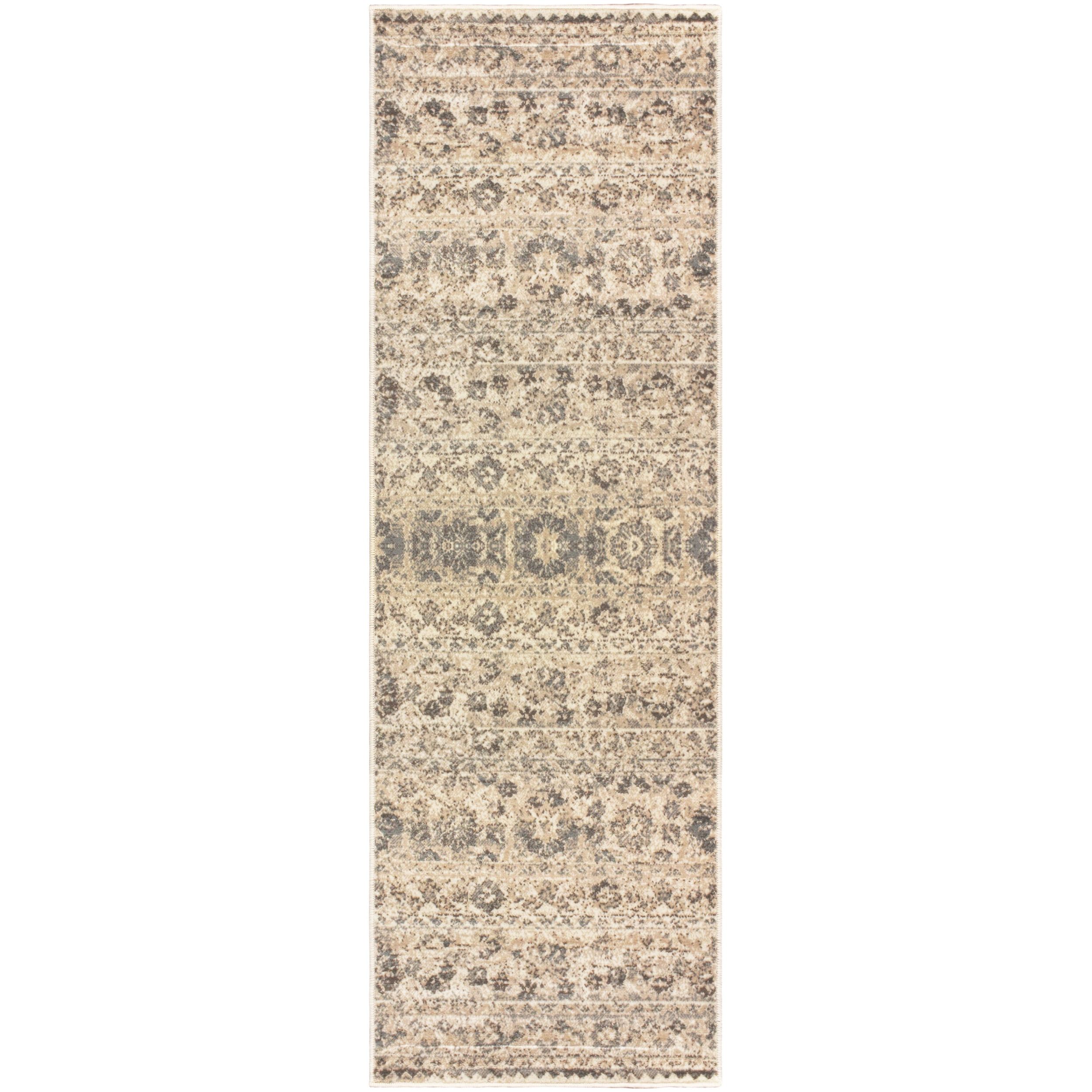 Beige Floral Synthetic Low Pile Runner Rug, 2.5x8 ft