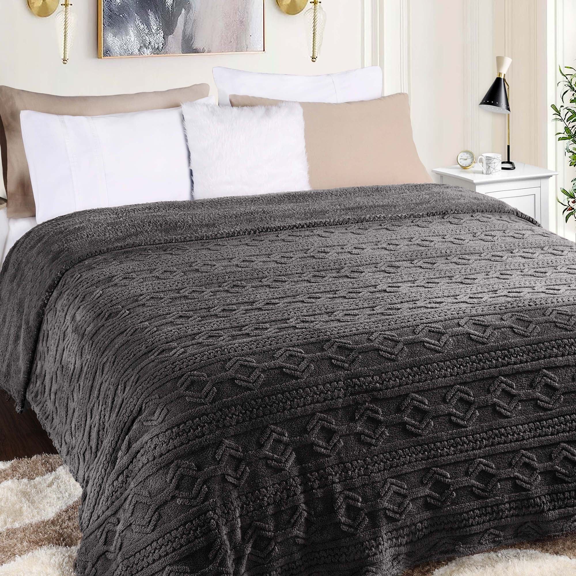 Charcoal Full/Queen Fleece Knit Jacquard Blanket