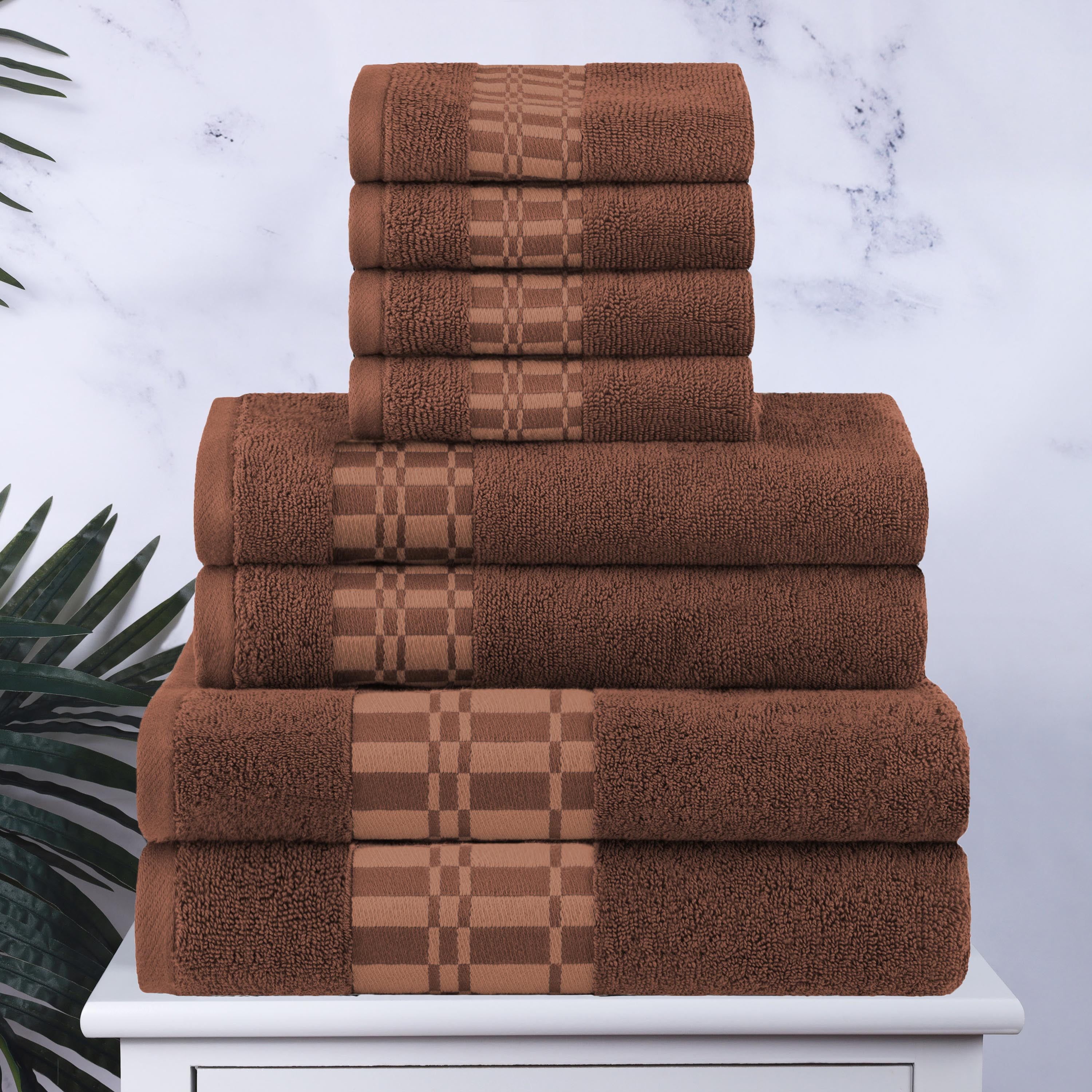 Chocolate Cotton 8-Piece Geometric Embroidered Towel Set
