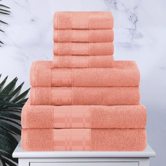 Coral Cotton 8-Piece Geometric Embroidered Towel Set
