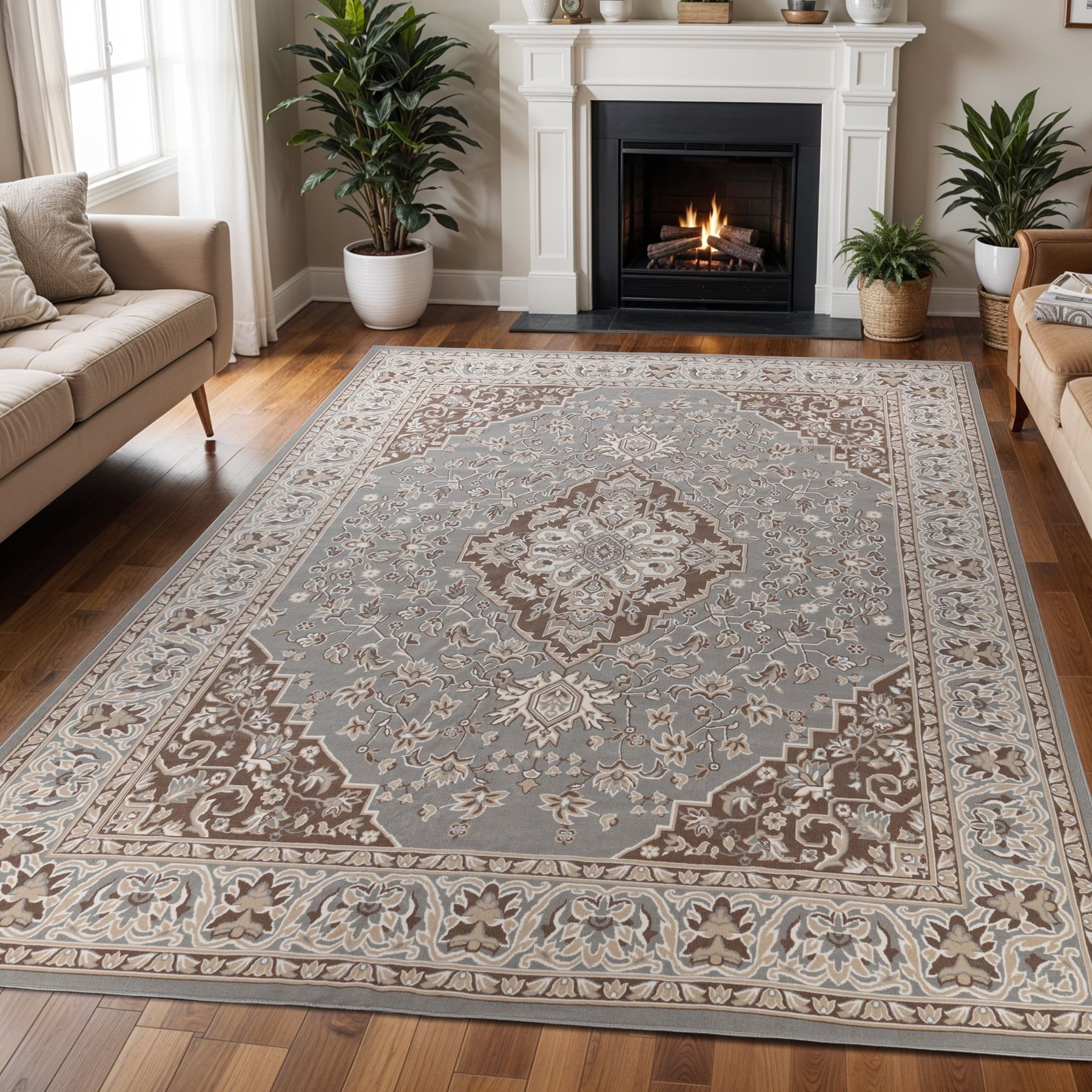 Gray Synthetic Floral Medallion Indoor Area Rug, 12' x 15'