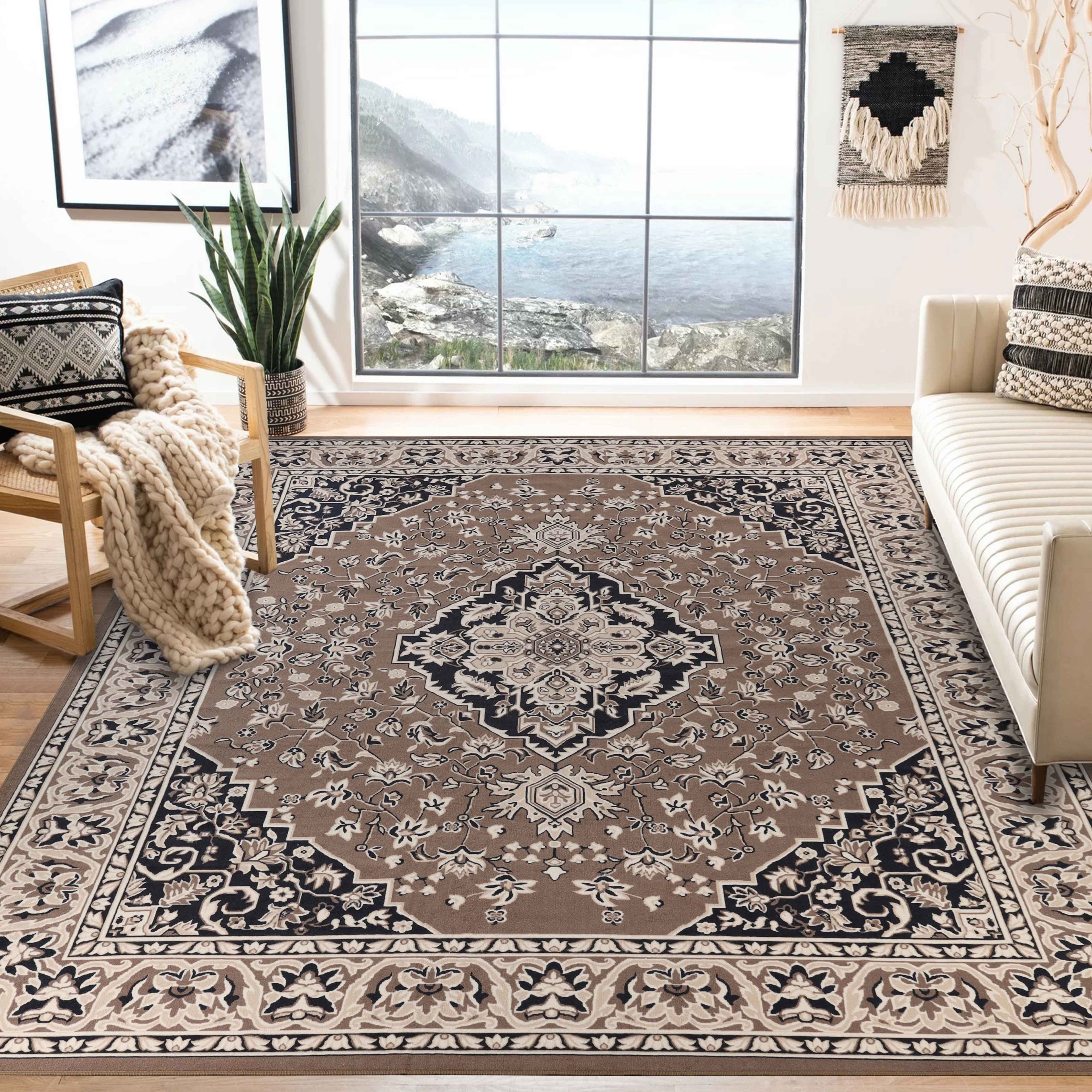 Gray and Beige Synthetic Floral Medallion Area Rug, 12' x 18'