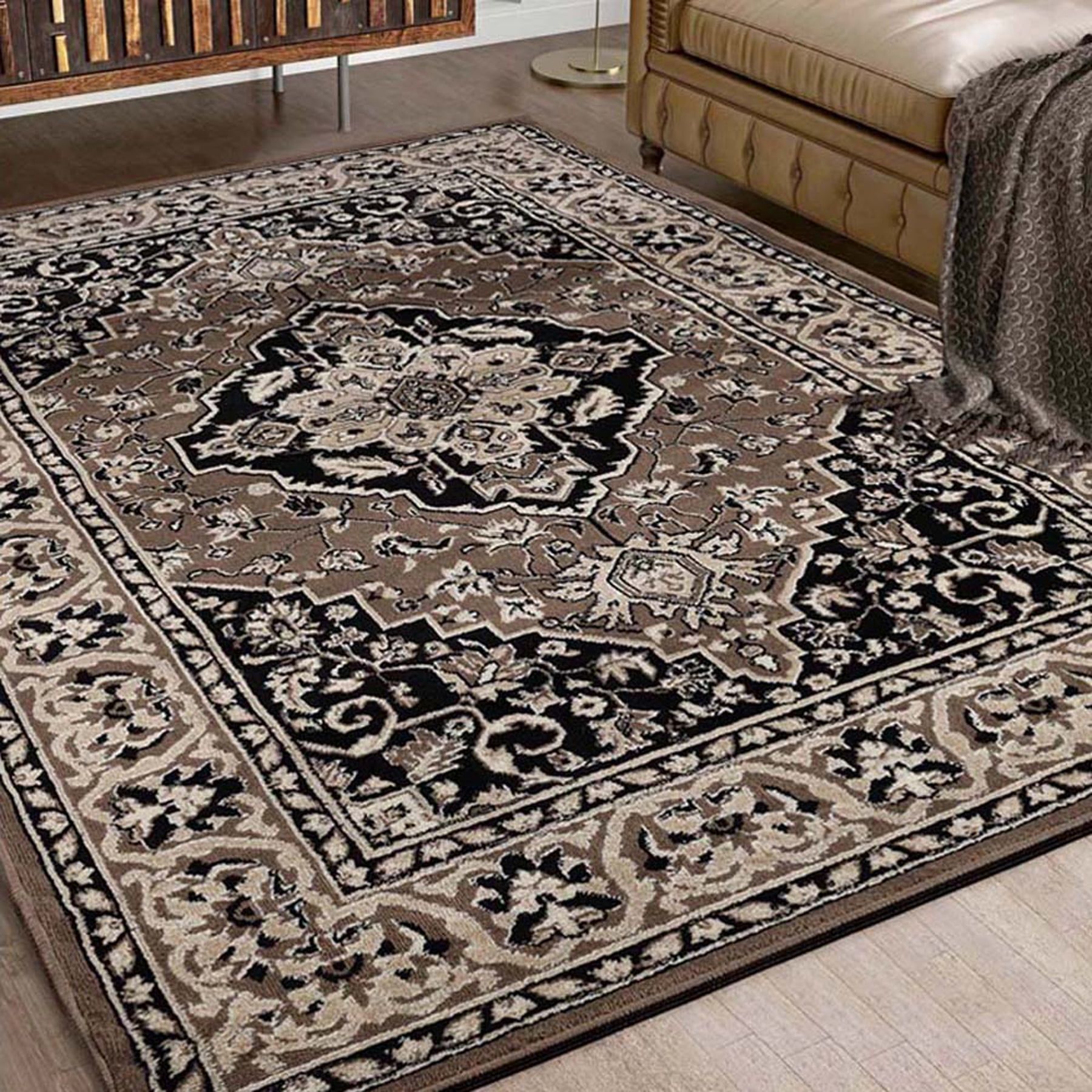 Brown Rectangular Medallion Stain-Resistant Synthetic Area Rug