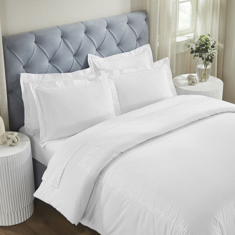 White Cotton Full/Queen Duvet Cover Set with Greek Key Embroidery