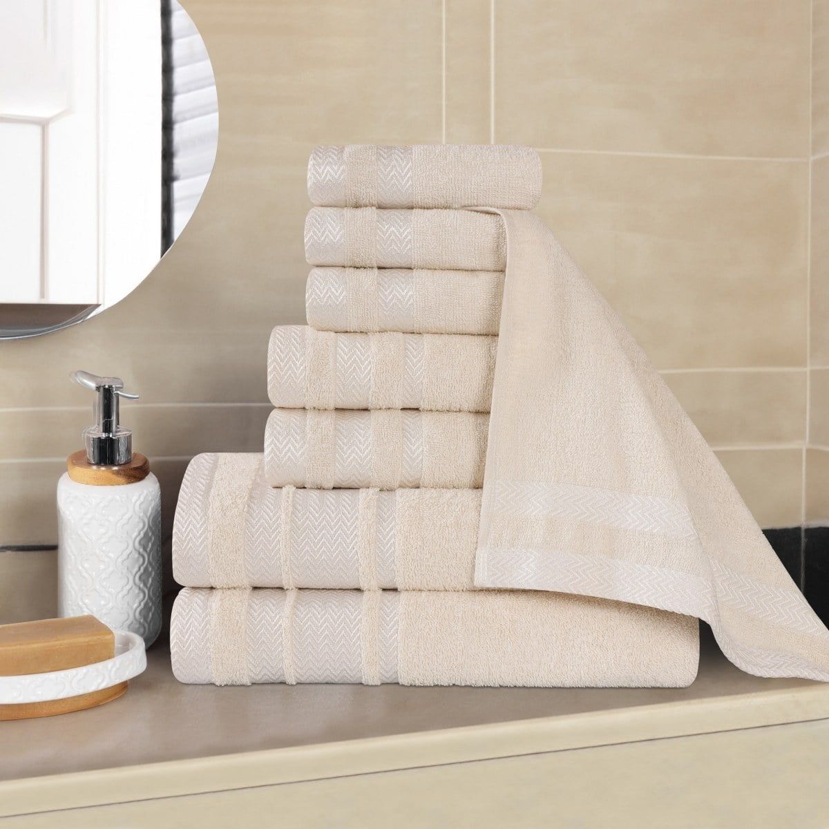 Ivory Cotton Plush 8 Piece Towel Set with Shiny Border