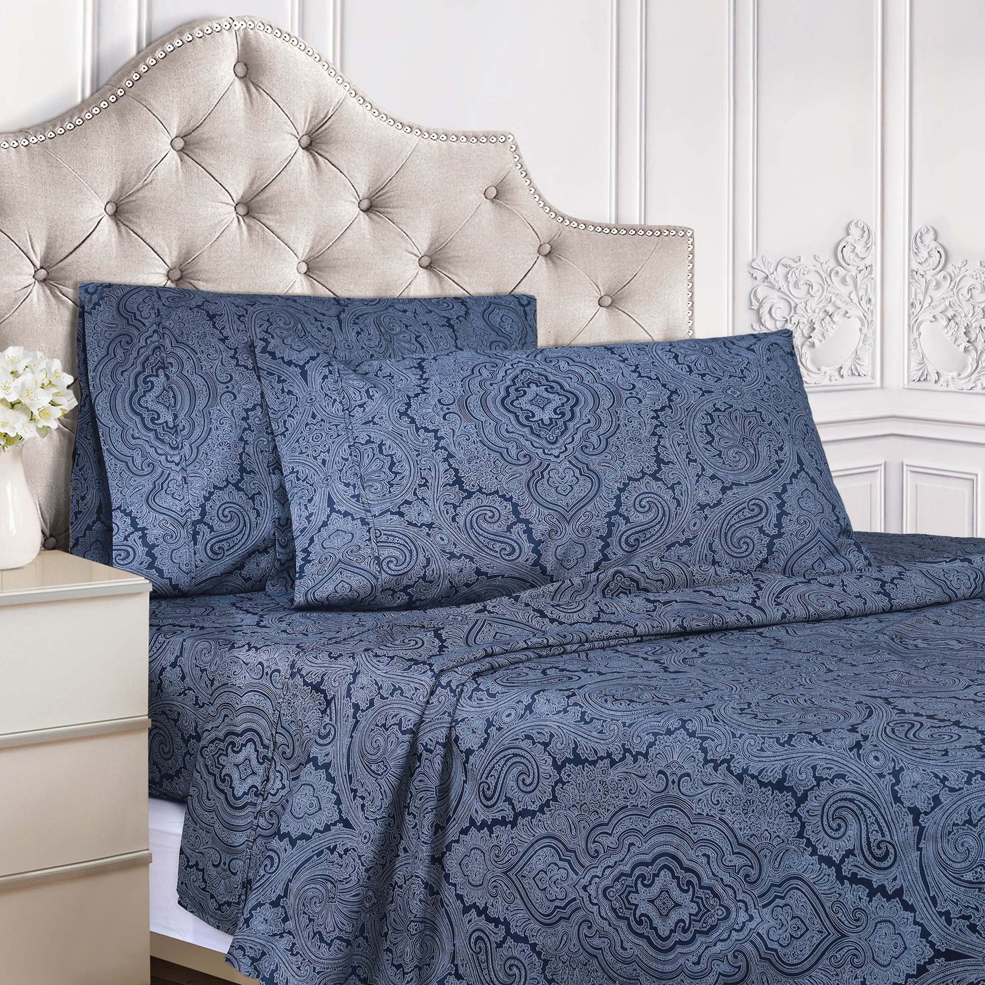 Navy Blue Cotton Blend Twin Sheet Set with Paisley Pattern