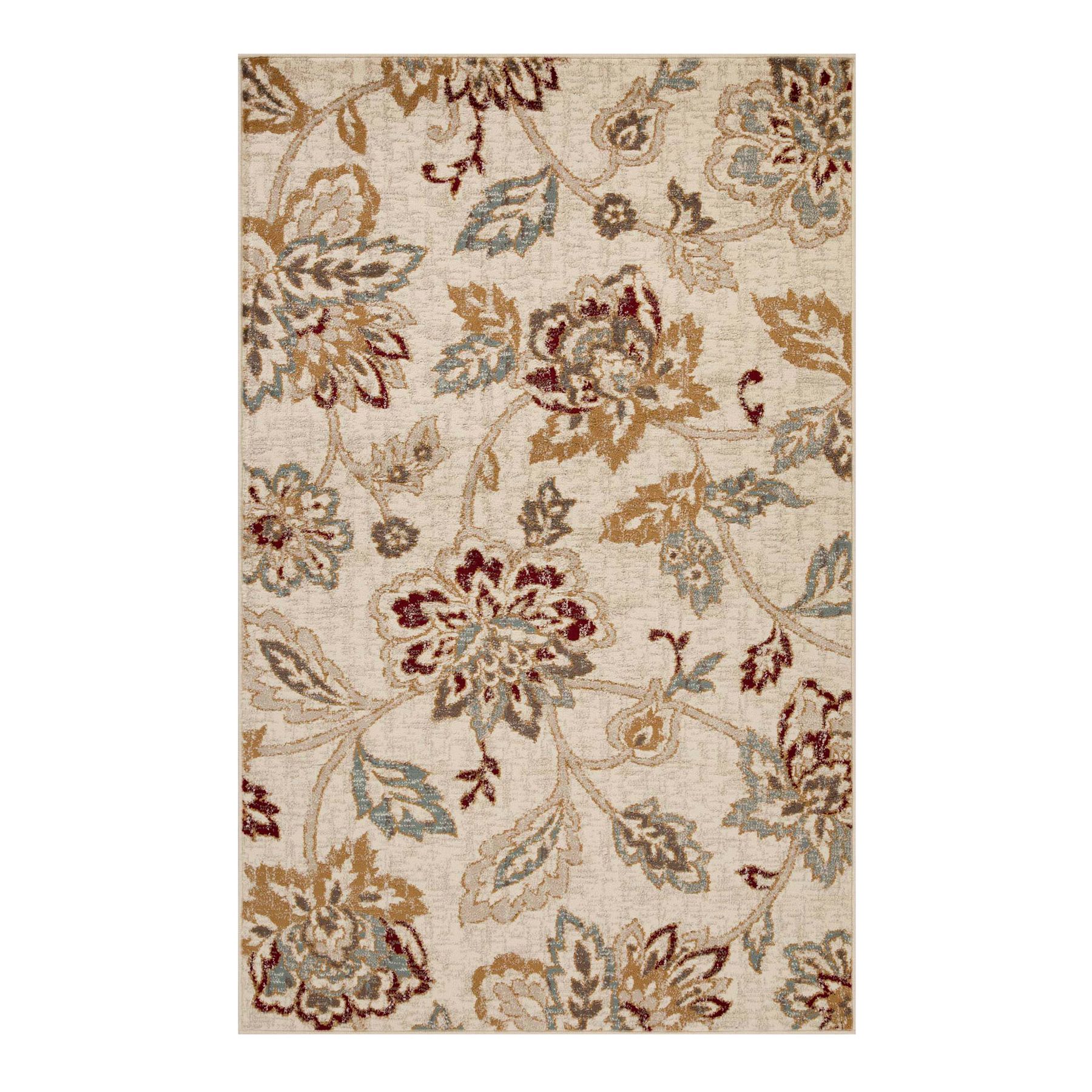 Elegant Jacobean Floral Washable Area Rug, Blue, 4' x 6'