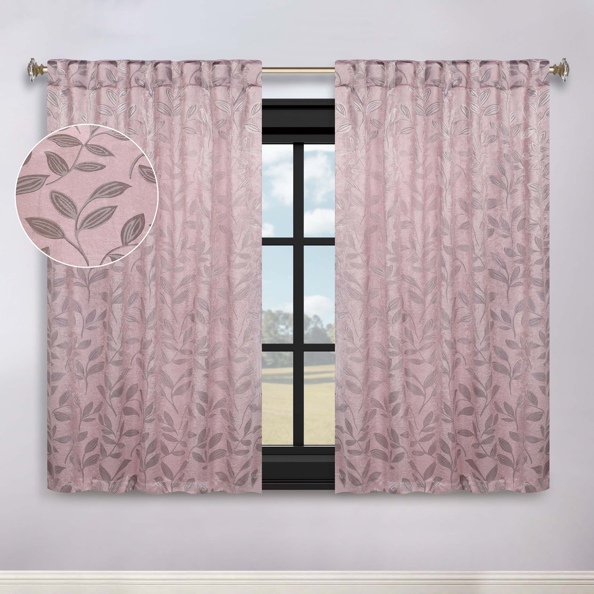 Blush Polyester Leaves Blackout Back Tab Curtains, 52" x 63"