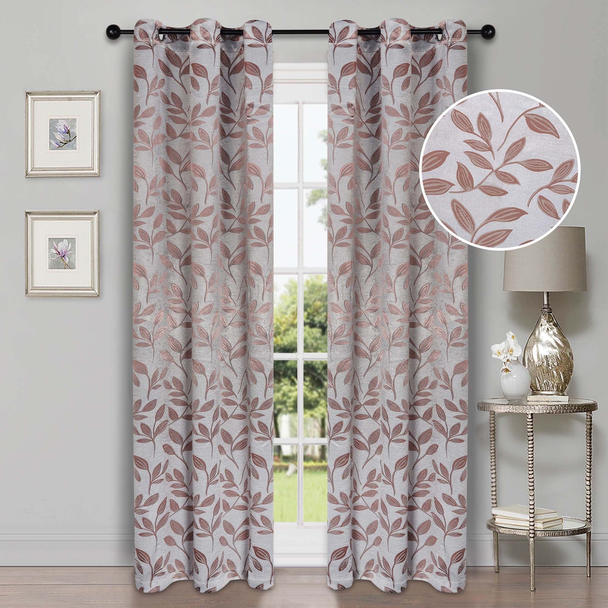 Champagne Polyester Blackout Leaf Design Window Panel Set