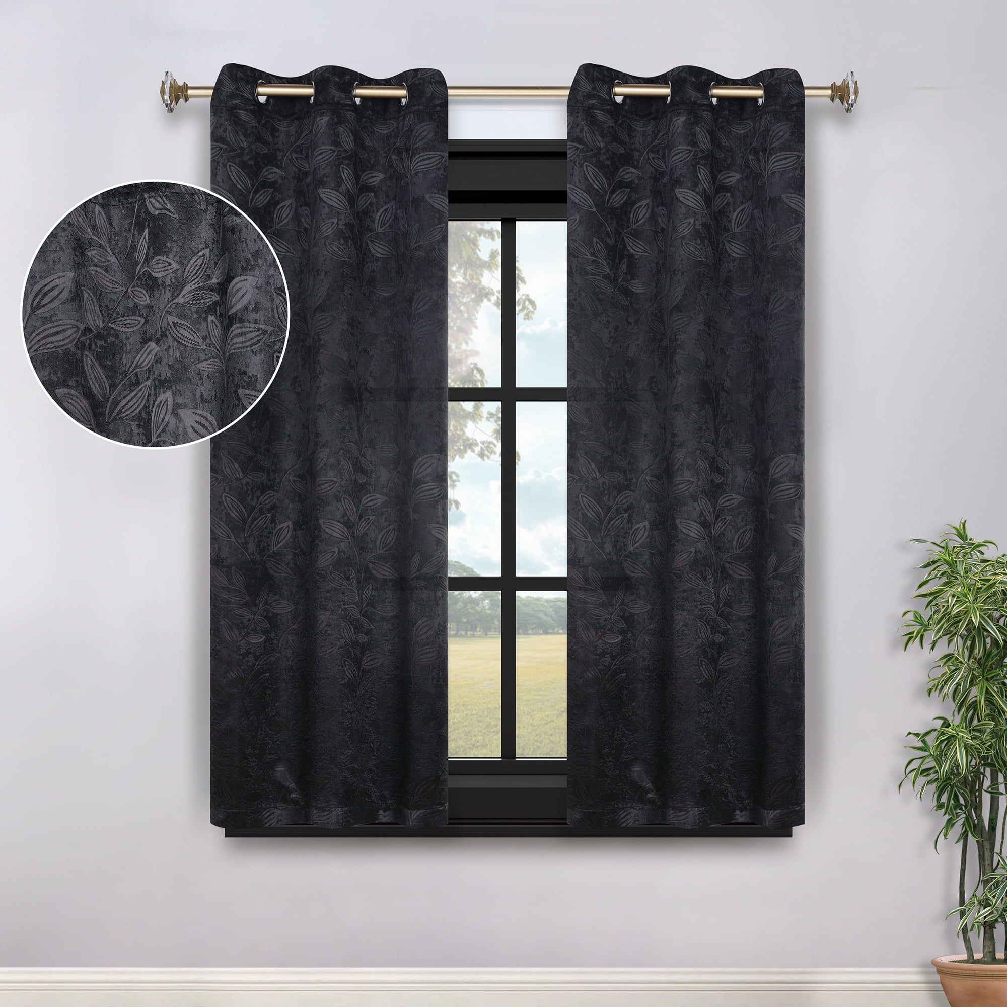 Nickel Black Polyester Blackout Curtains with Leaf Design, 42" x 63"