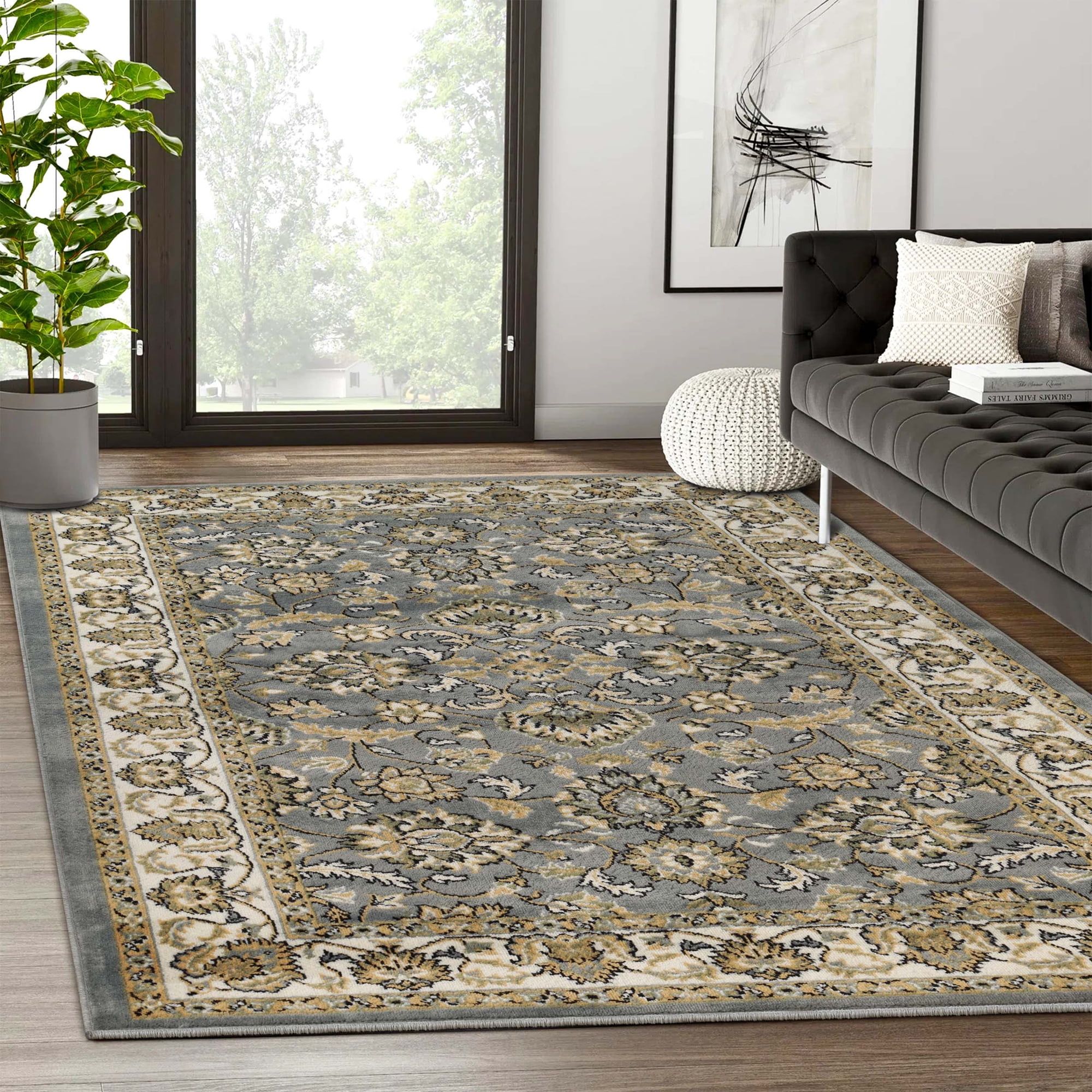 Elegant Lille Floral Scroll 4' x 6' Gray Synthetic Area Rug