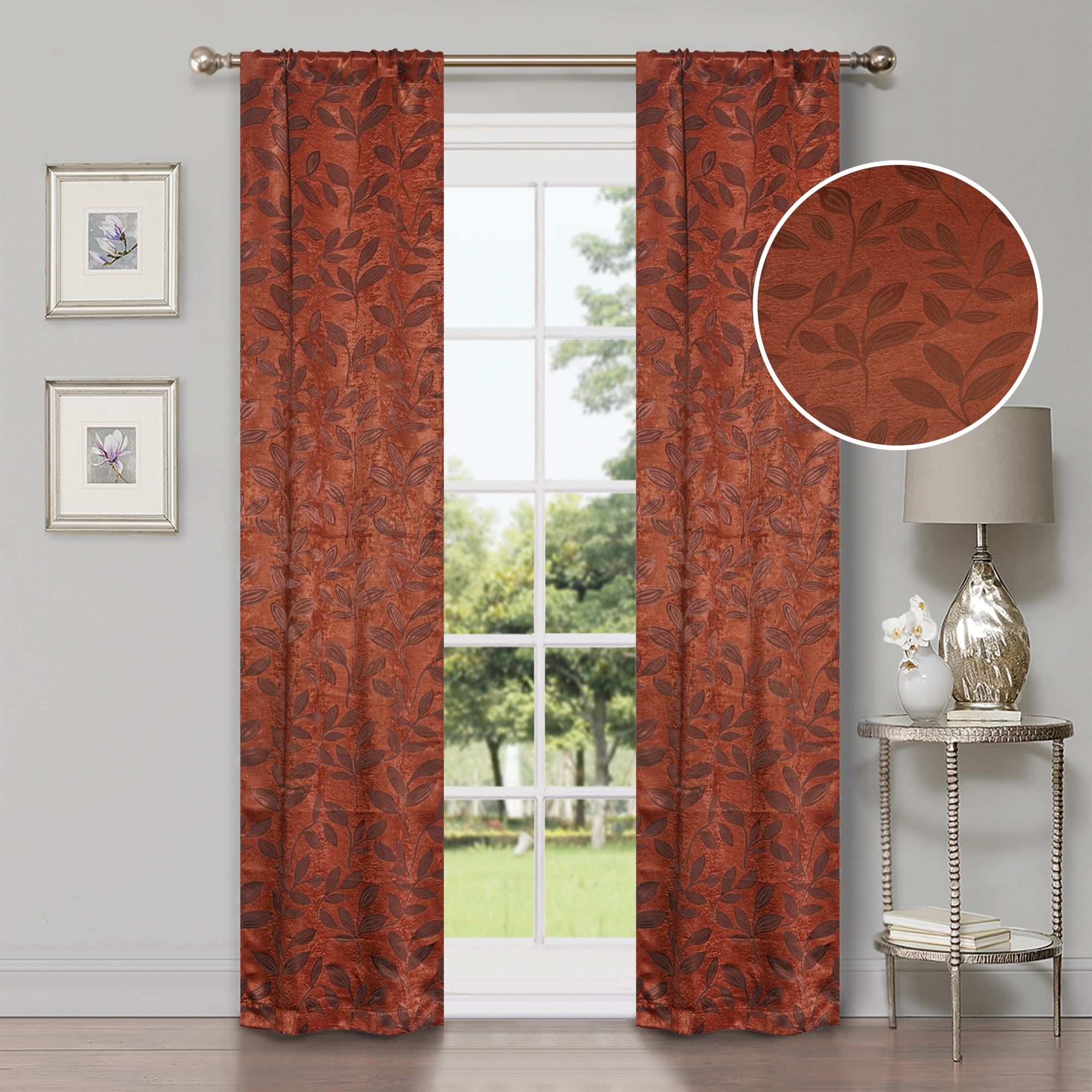 Antique Copper 84" Blackout Curtains with Leaf Pattern