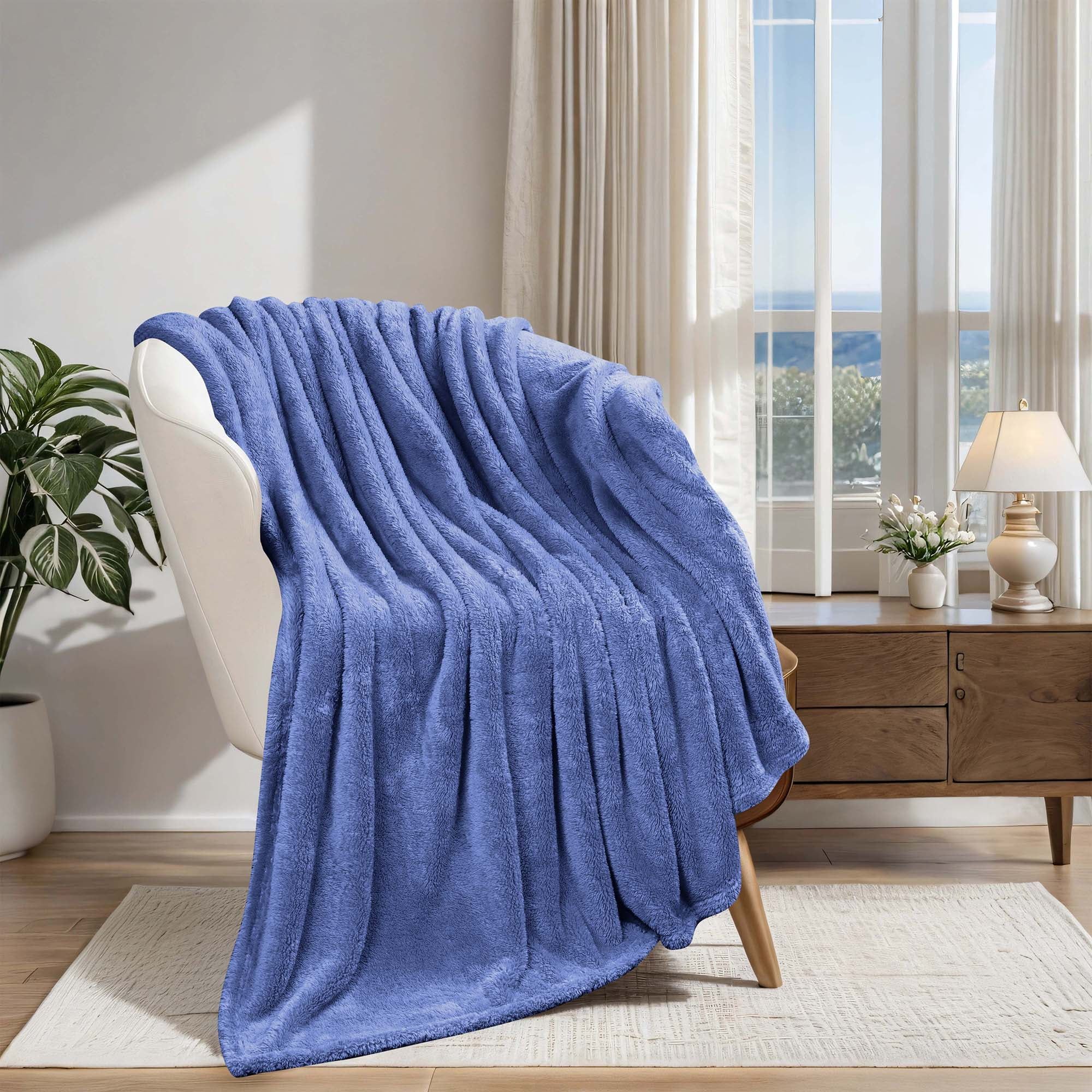 Blue Plush Fleece Reversible Throw Blanket