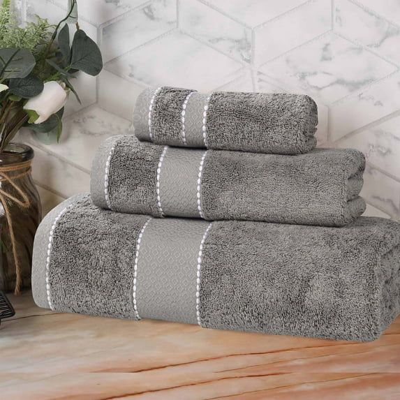 Luxury Charcoal Giza Cotton 3 Piece Towel Set with Diamond Dobby Border