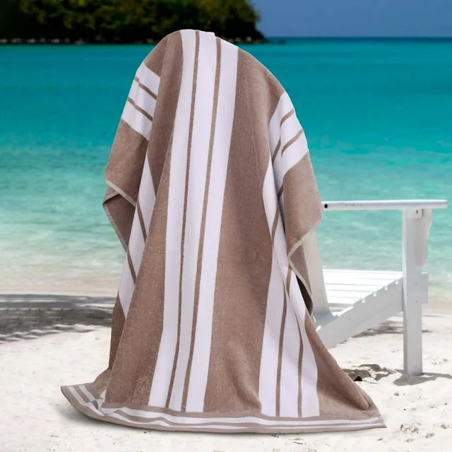 Oversized Taupe and White Cotton Striped Beach Towel, 34" x 64"