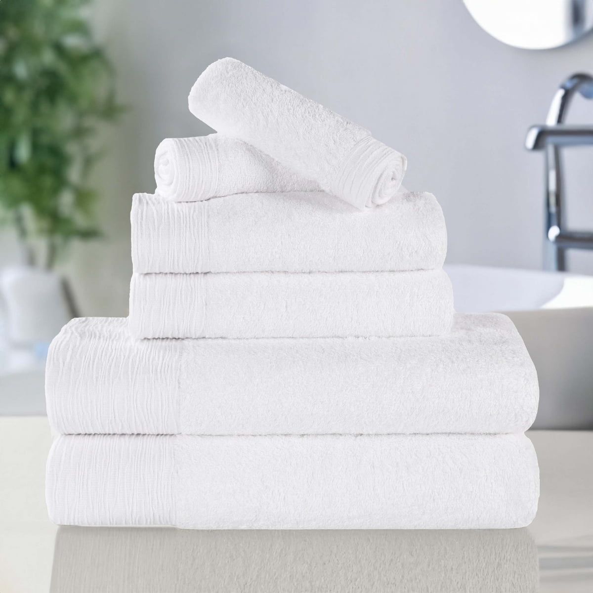Luxurious White Cotton and Bamboo 6-Piece Towel Set