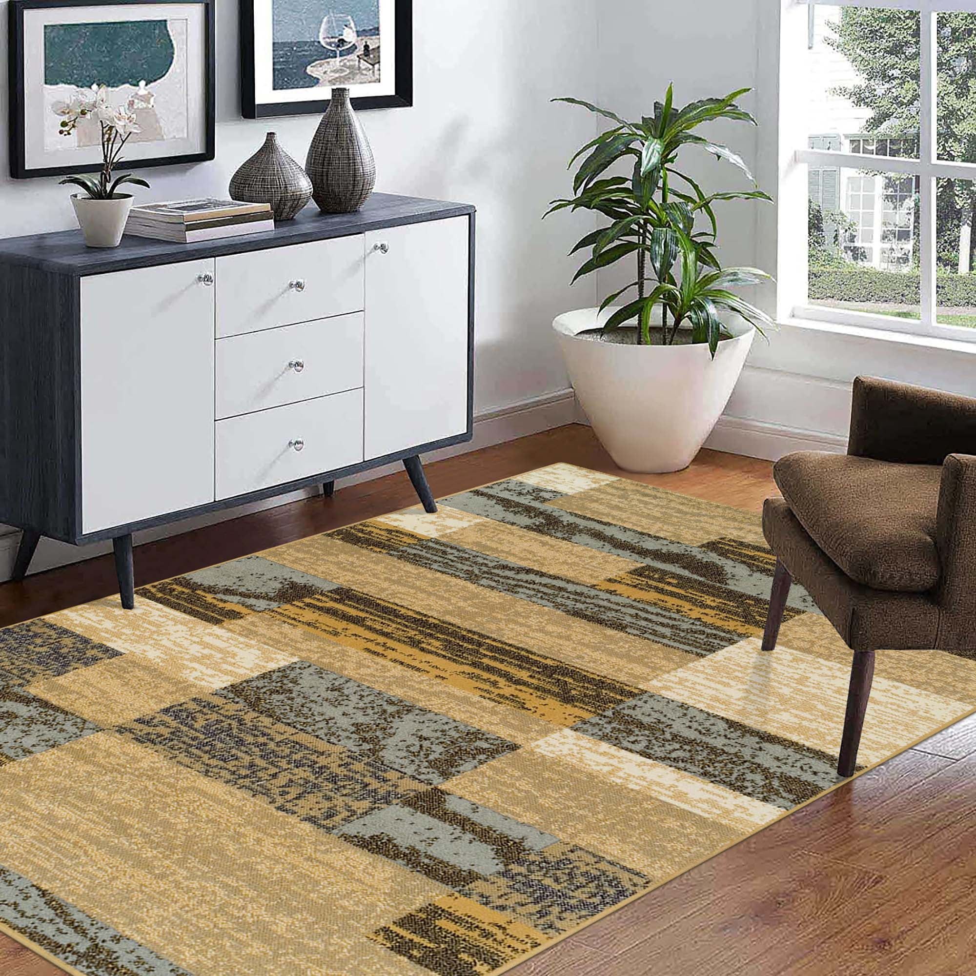 Modern Geometric Beige & Light Blue Synthetic Area Rug, 8' x 10'