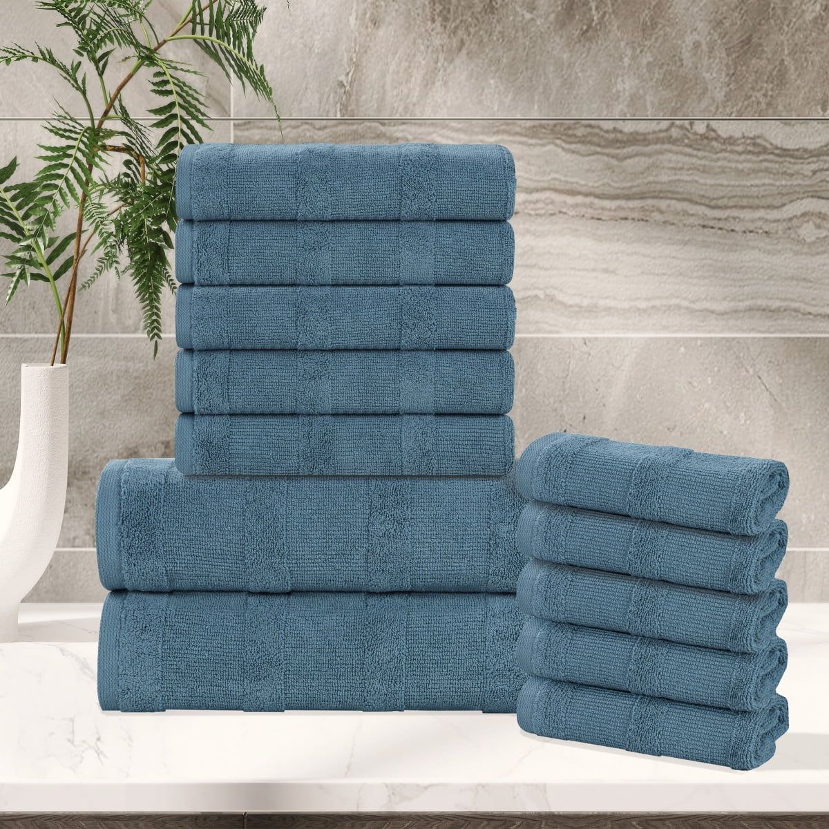 Denim Blue 12-Piece Ribbed Turkish Cotton Towel Set