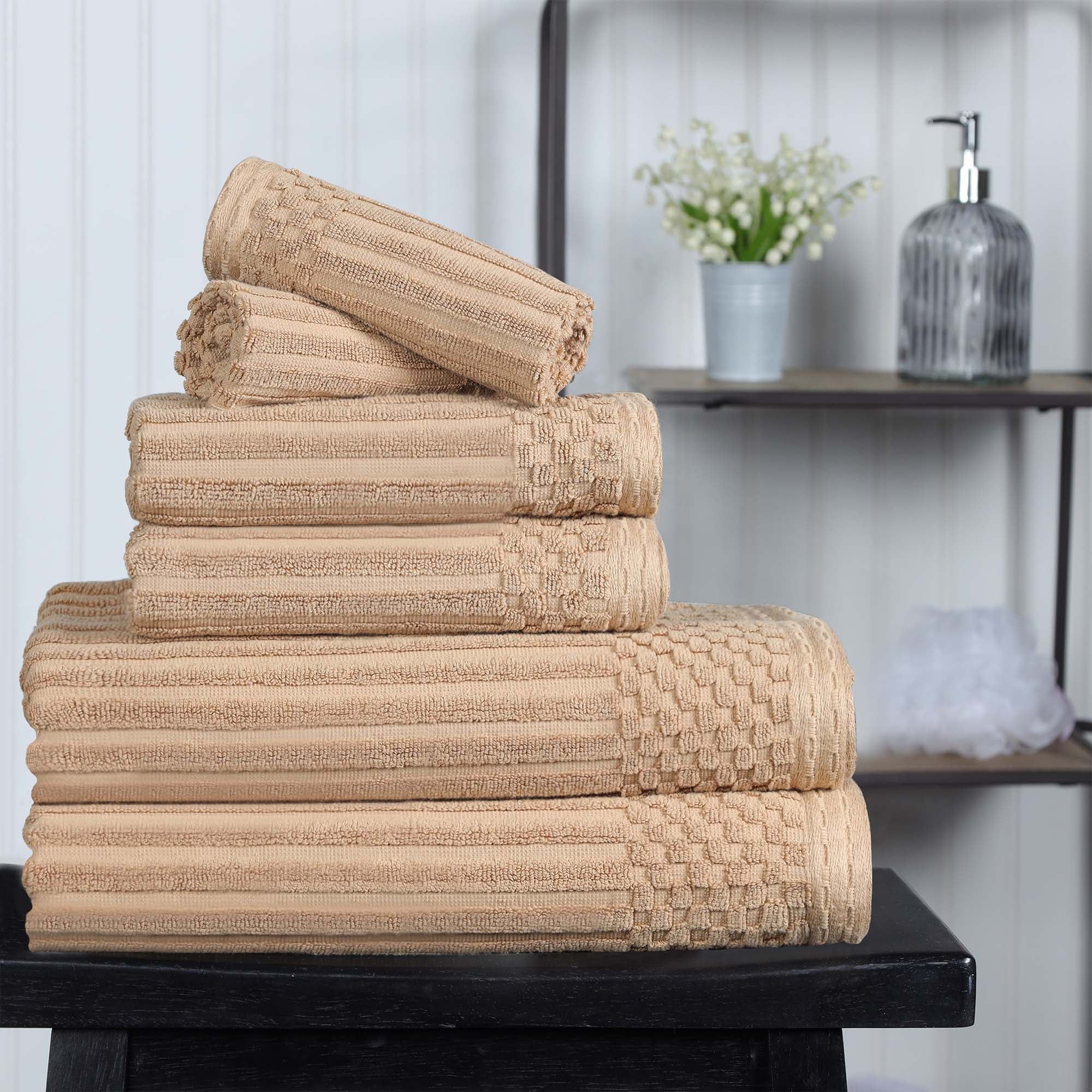 Coffee Ribbed Cotton 6-Piece Towel Set with Checkered Border